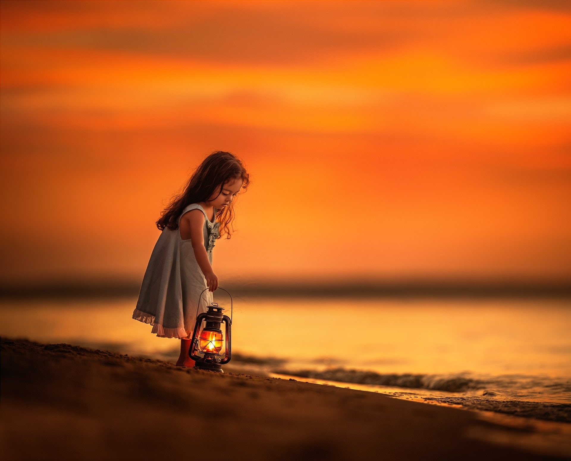 1080P, Photography, Beach, Sunset, Lantern, Cute, Child, Little Girl, HD Wallpaper