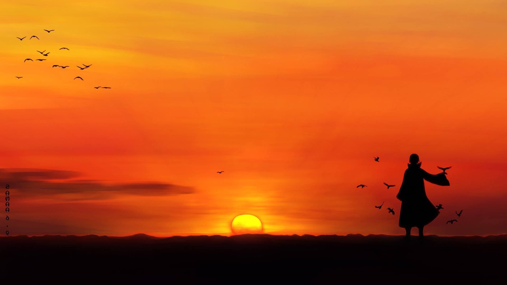nature, birds, sunset, flock of birds, Silhouette, anime, large group of animals, beauty in nature, group of animals, 1080P, flying, cloud - sky, Uchiha Itachi, HD Wallpaper