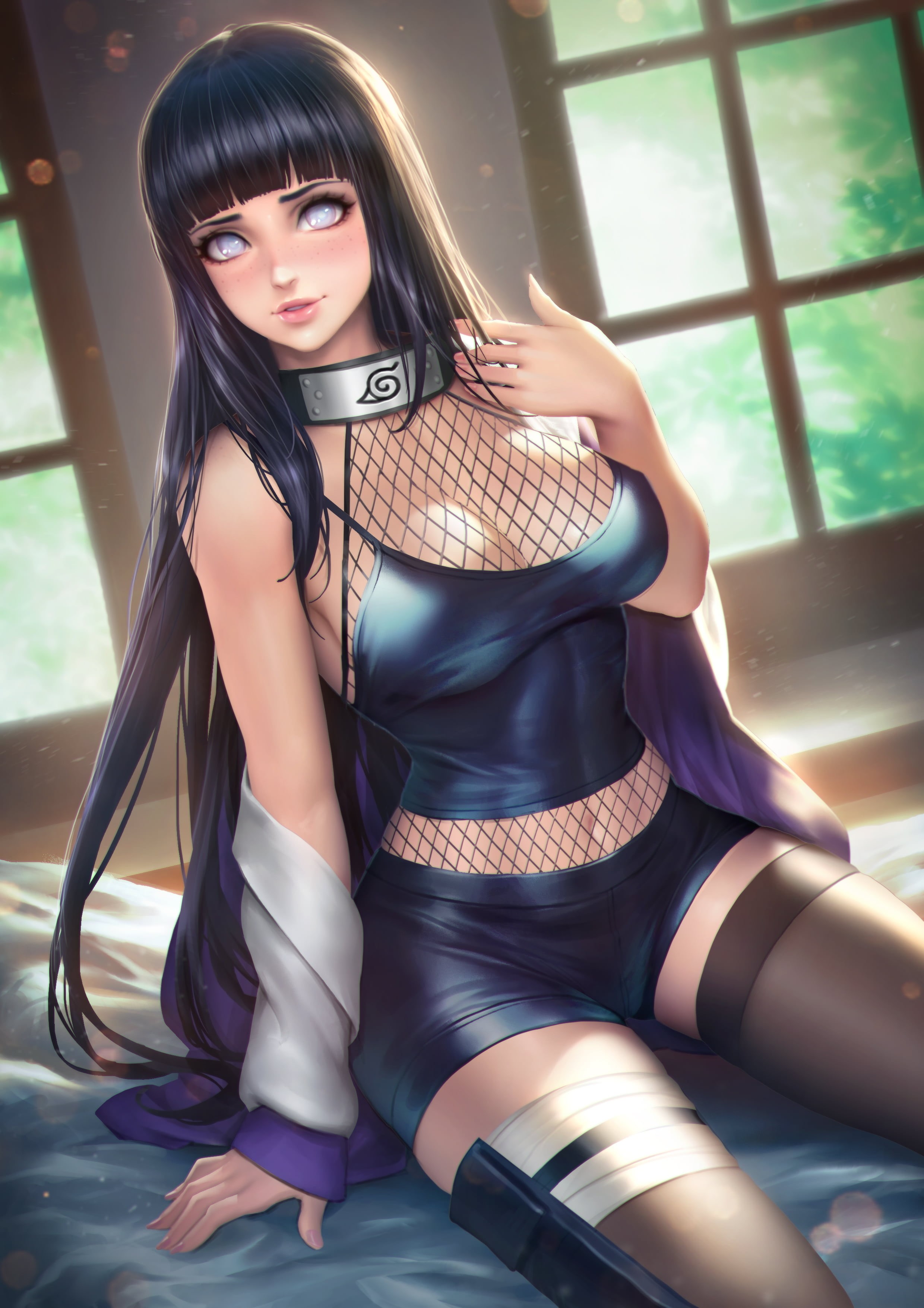 long hair, series, manga, 2K, bangs, dark hair, fishnet top, fan art, Hinata Hyūga (Naruto Shippuden), anime, digital art, tank top, Naruto Shippuuden, Phone HD Wallpaper