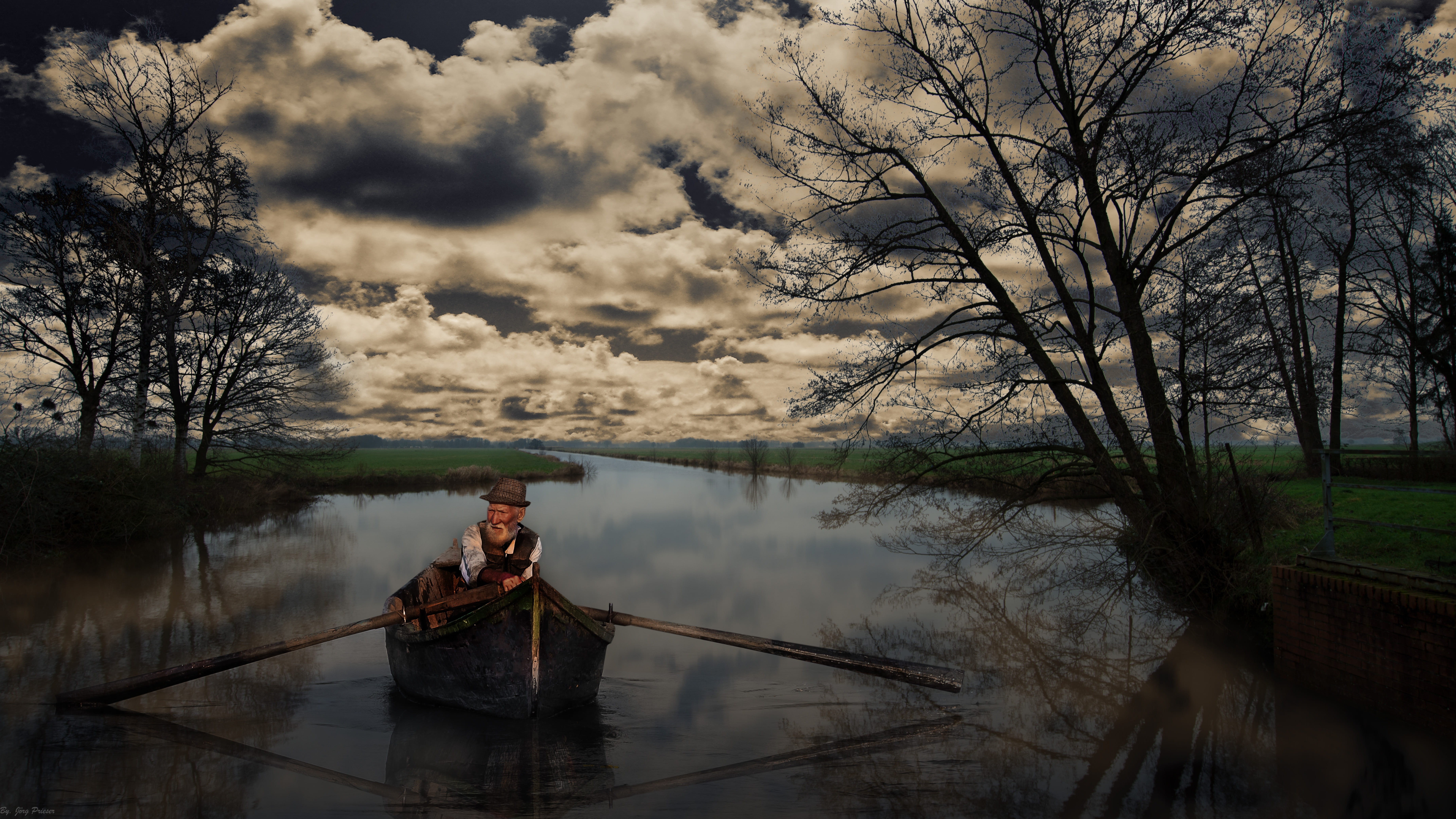 winter, morning mist, one person, sunrise, nature, paddle, lifestyles, feel, graphic, river, grandpa, 5K, man, dawn, boot, old rowing boat, rowing boat, HD Wallpaper