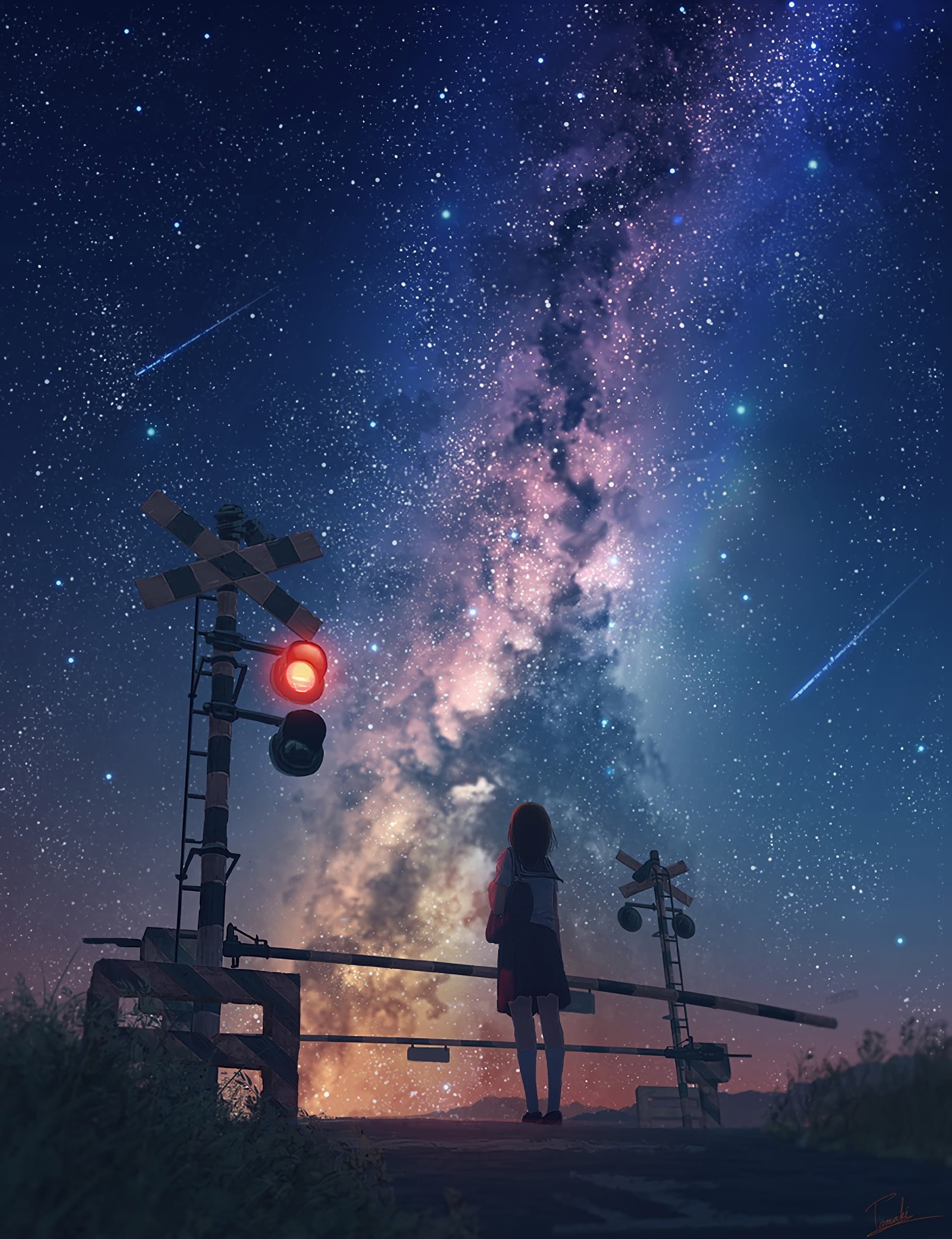 anime girls, outdoors, alone, night sky, 1080P, sky, night, Milky Way, stars, traffic lights, emotion, Phone HD Wallpaper