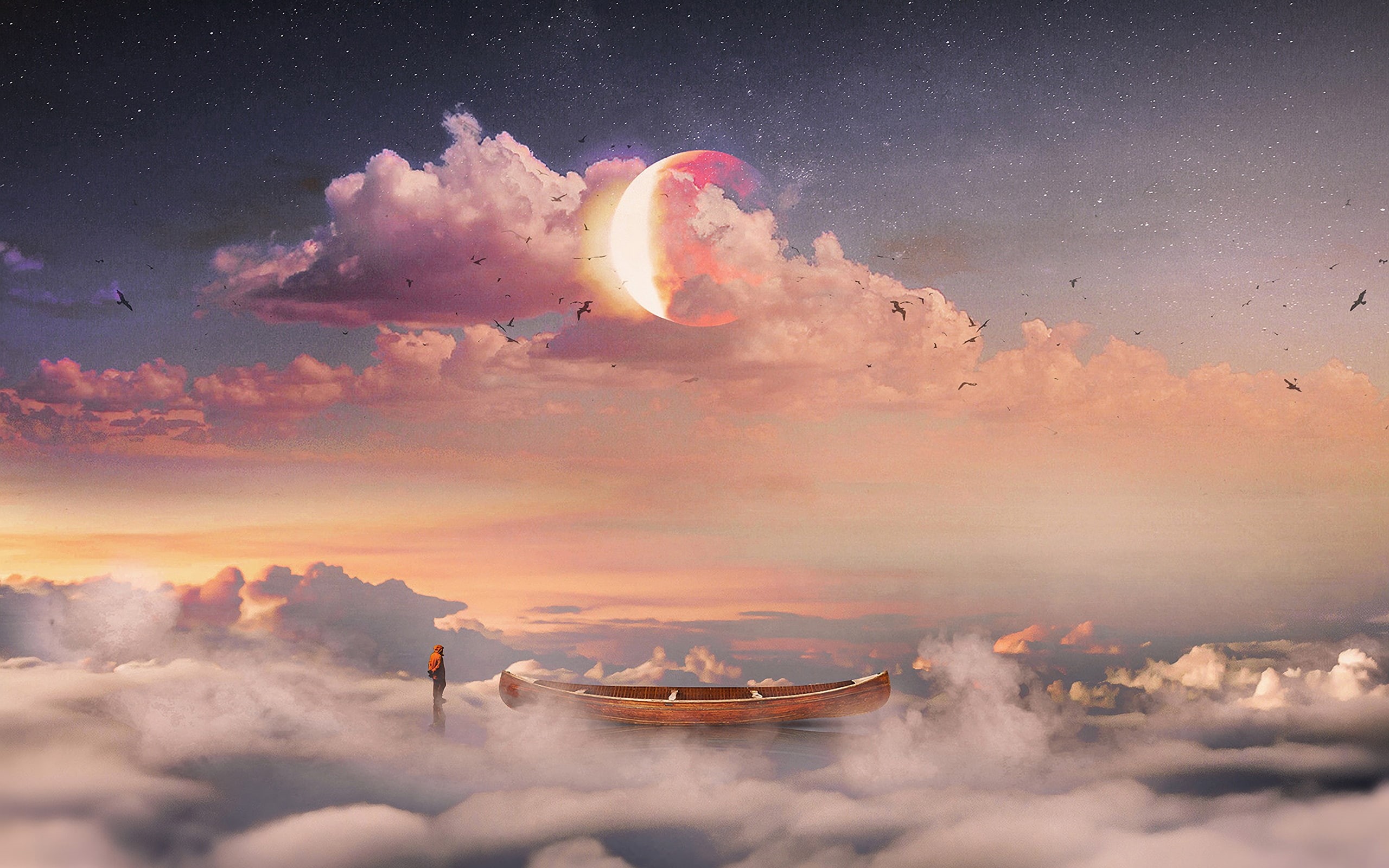 men, 2K, boat, planet, sky, clouds, stars, fantasy art, digital art, HD Wallpaper