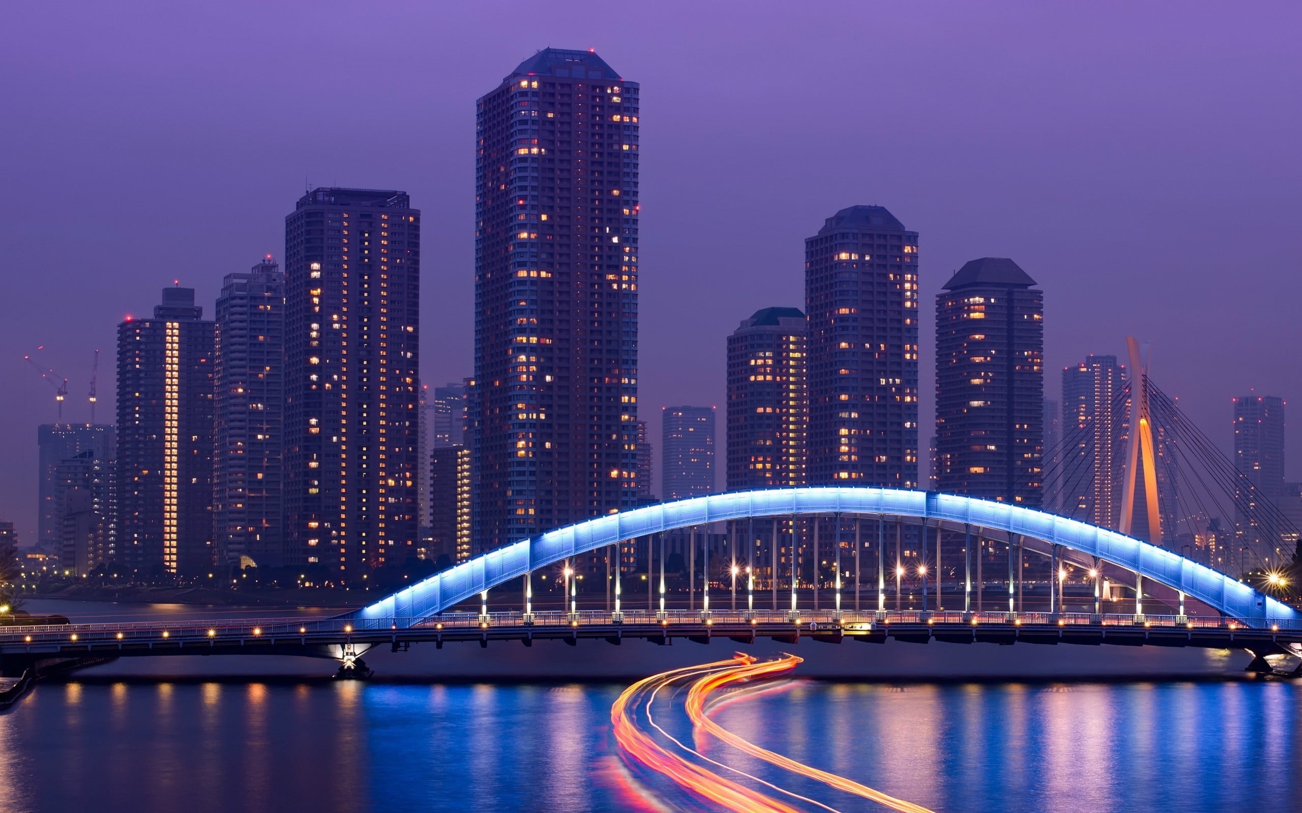 financial district, transportation, no people, building, architecture, ship, waterfront, office building exterior, skyscraper, river, light trails, illuminated, HD Wallpaper
