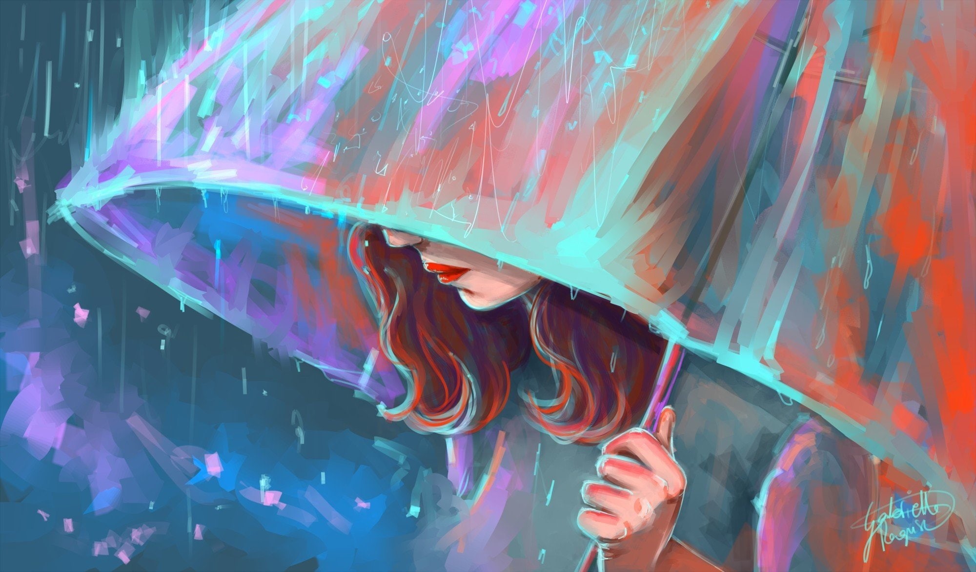 umbrella, rain, 1080P, alone, sad, art, girl, HD Wallpaper