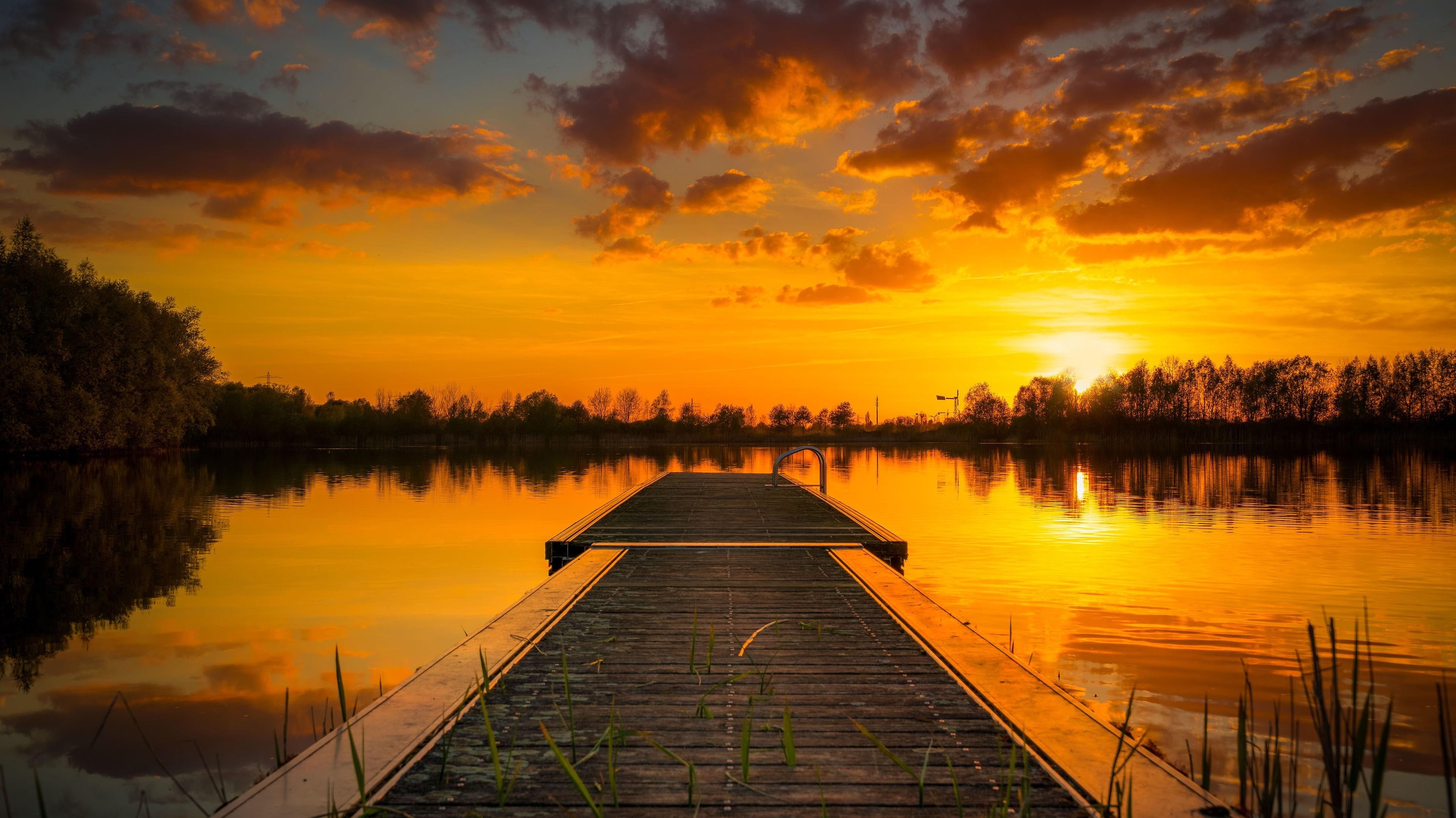 sunset, afterglow, horizon, cloud, sky, 4K, dusk, evening, nature, dock, waterway, lake, water, red sky, pier, reflection, HD Wallpaper