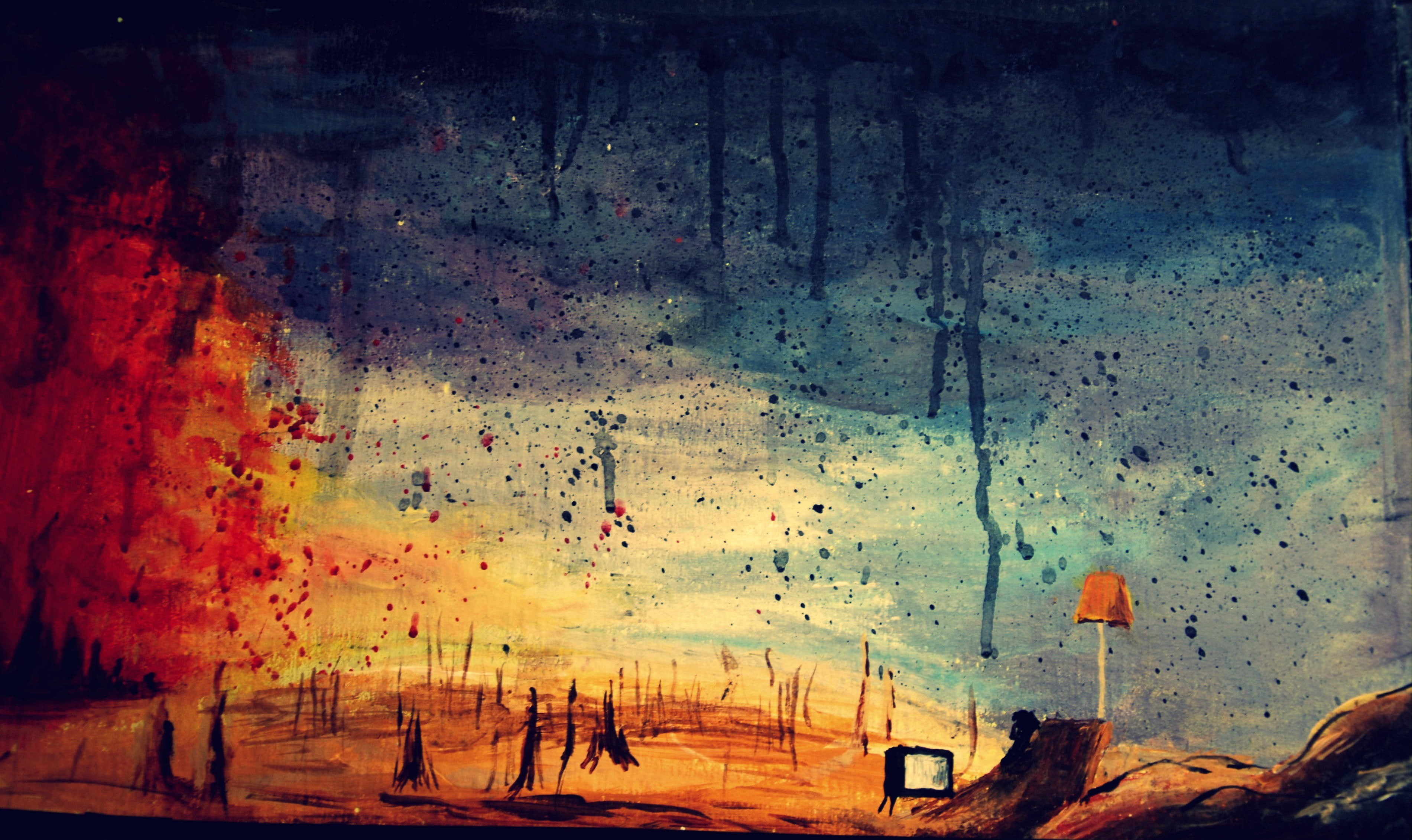music, paint splatter, wasteland, lamp, 2K, fire, painting, artwork, surreal, television sets, Pink Floyd, HD Wallpaper