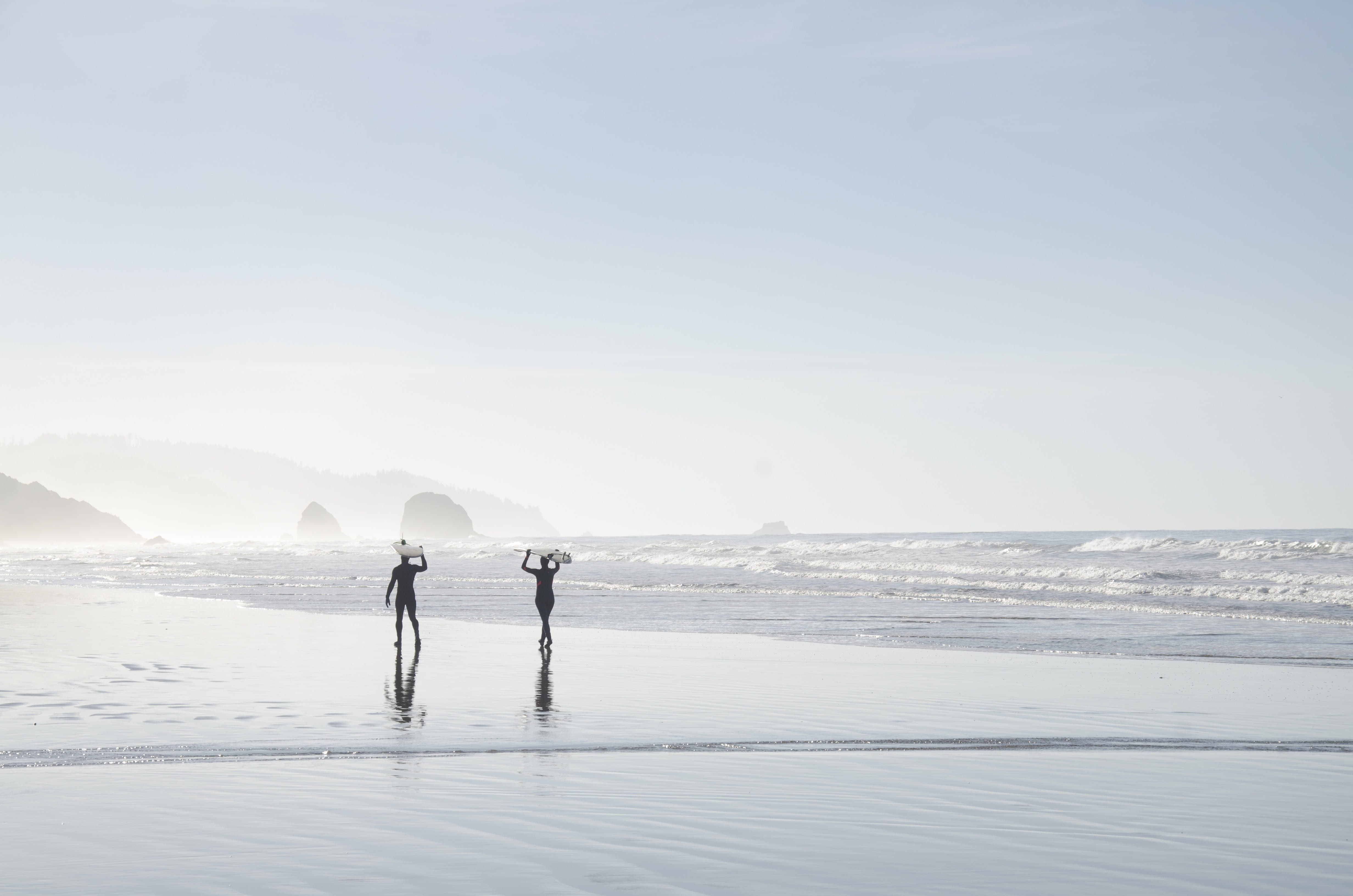 two, surfboards, ocean, land, seashore, snow, surf, two people, lifestyles, men, winter, surfing, beach walking, water, beauty in nature, copy space, sea, HD Wallpaper