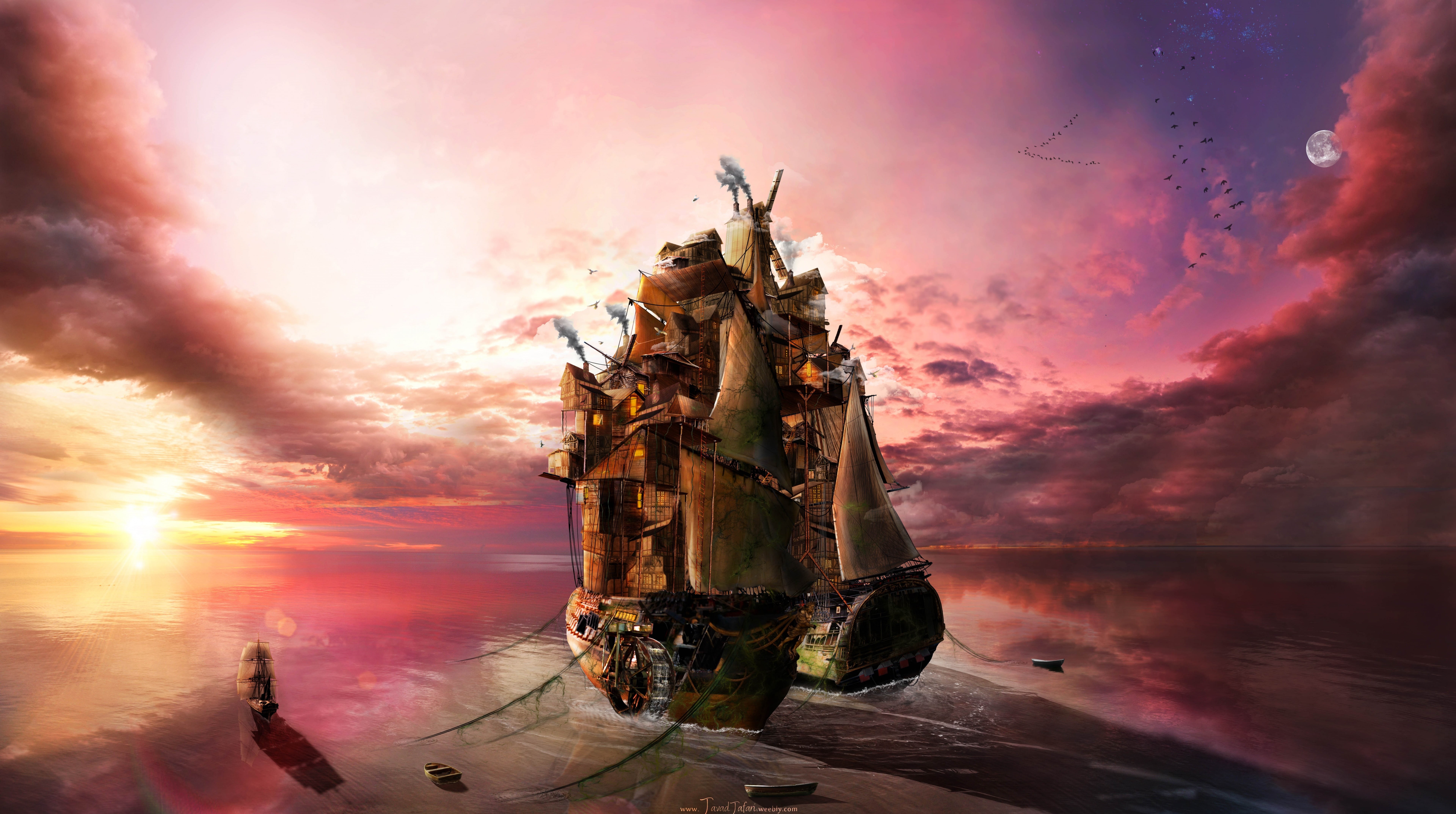 ships, body, dramatic sky, Illustration, ship, Home, religion, onthesea, adobecs, House, architecture, reflection, Sunset, belief, Life, no people, Dusk, HD Wallpaper