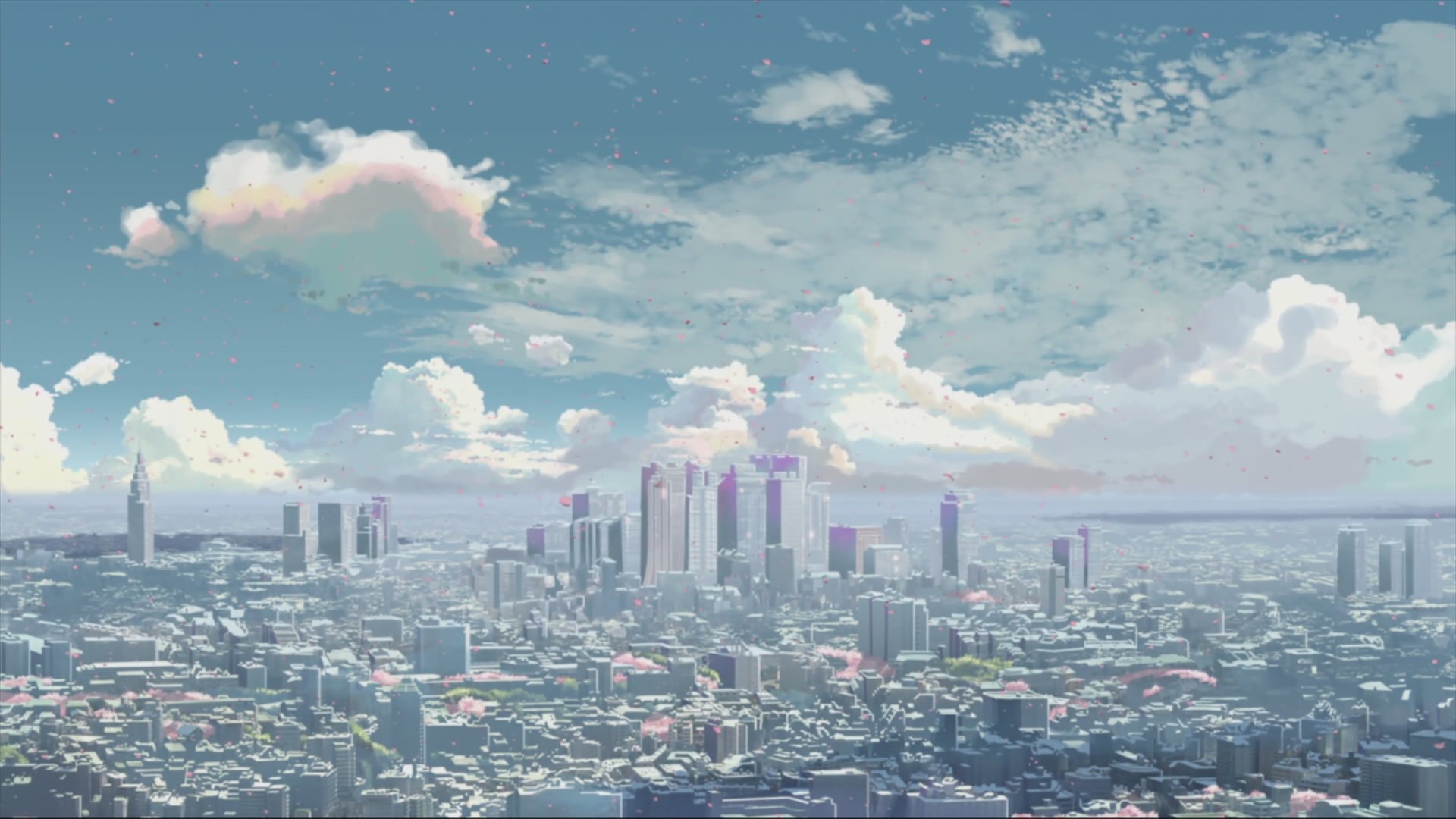 cityscape, landscape, tower, building exterior, clouds, anime, built structure, modern, city, crowded, top, cloud - sky, urban skyline, view, office building exterior, HD Wallpaper