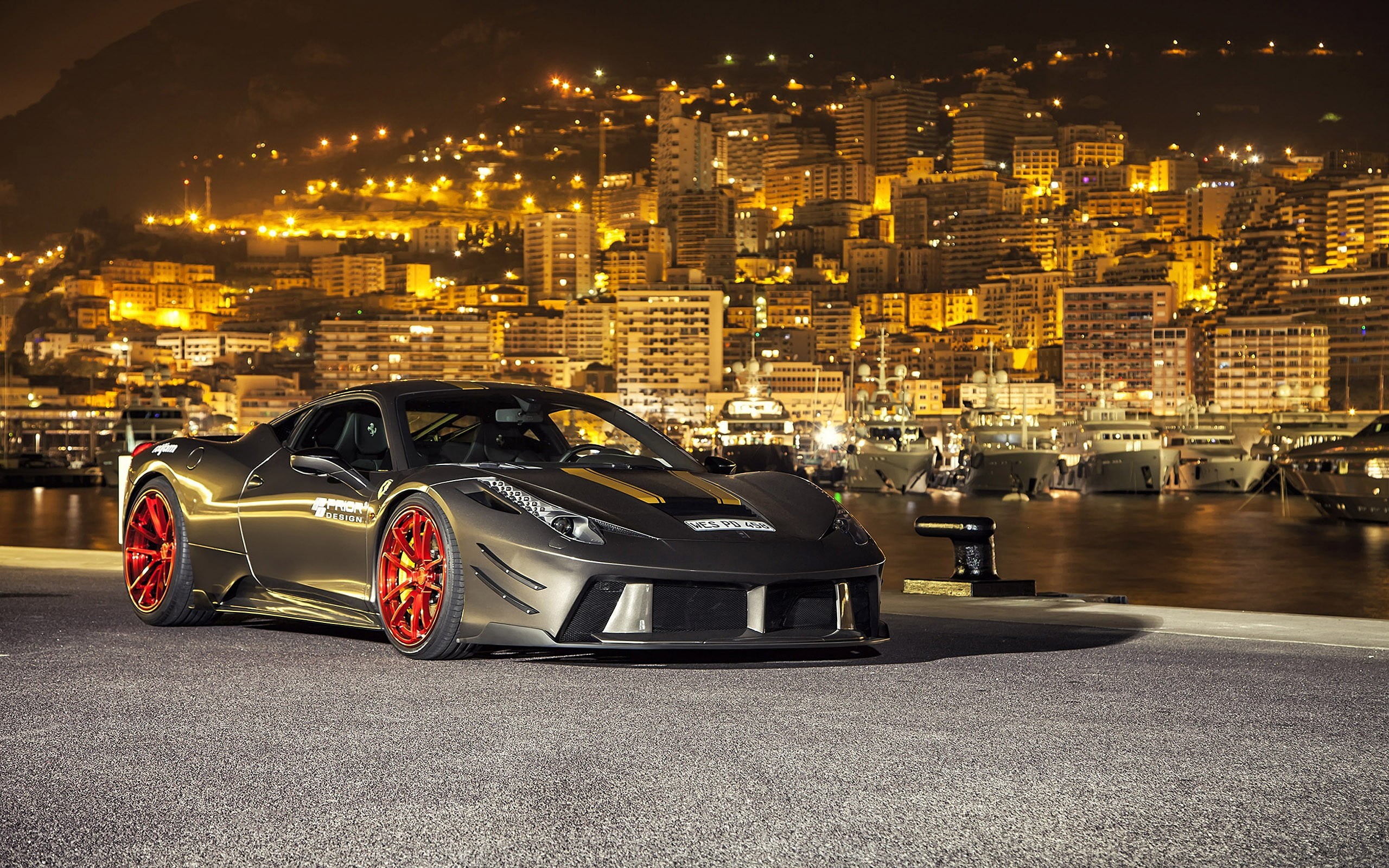 Ferrari 458 Italia, skyscraper, night, built structure, building, architecture, people, motor vehicle, cityscape, lights, car, transportation, sports, Prior Design, HD Wallpaper