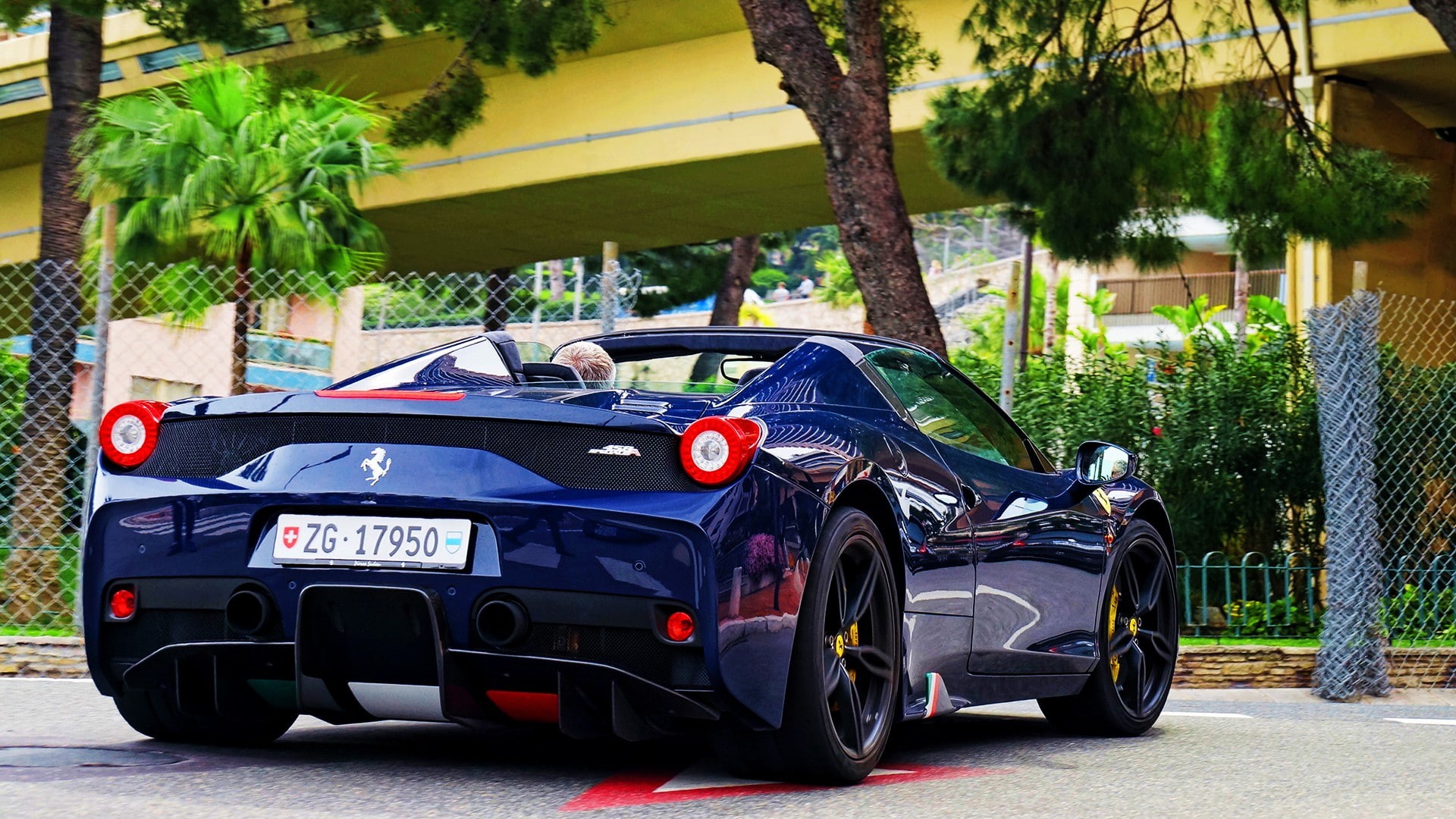 tree, motor vehicle, architecture, real people, transportation, Ferrari 458 Italia, car, one person, outdoors, Ferrari 458, plant, 1080P, growth, retro styled, HD Wallpaper