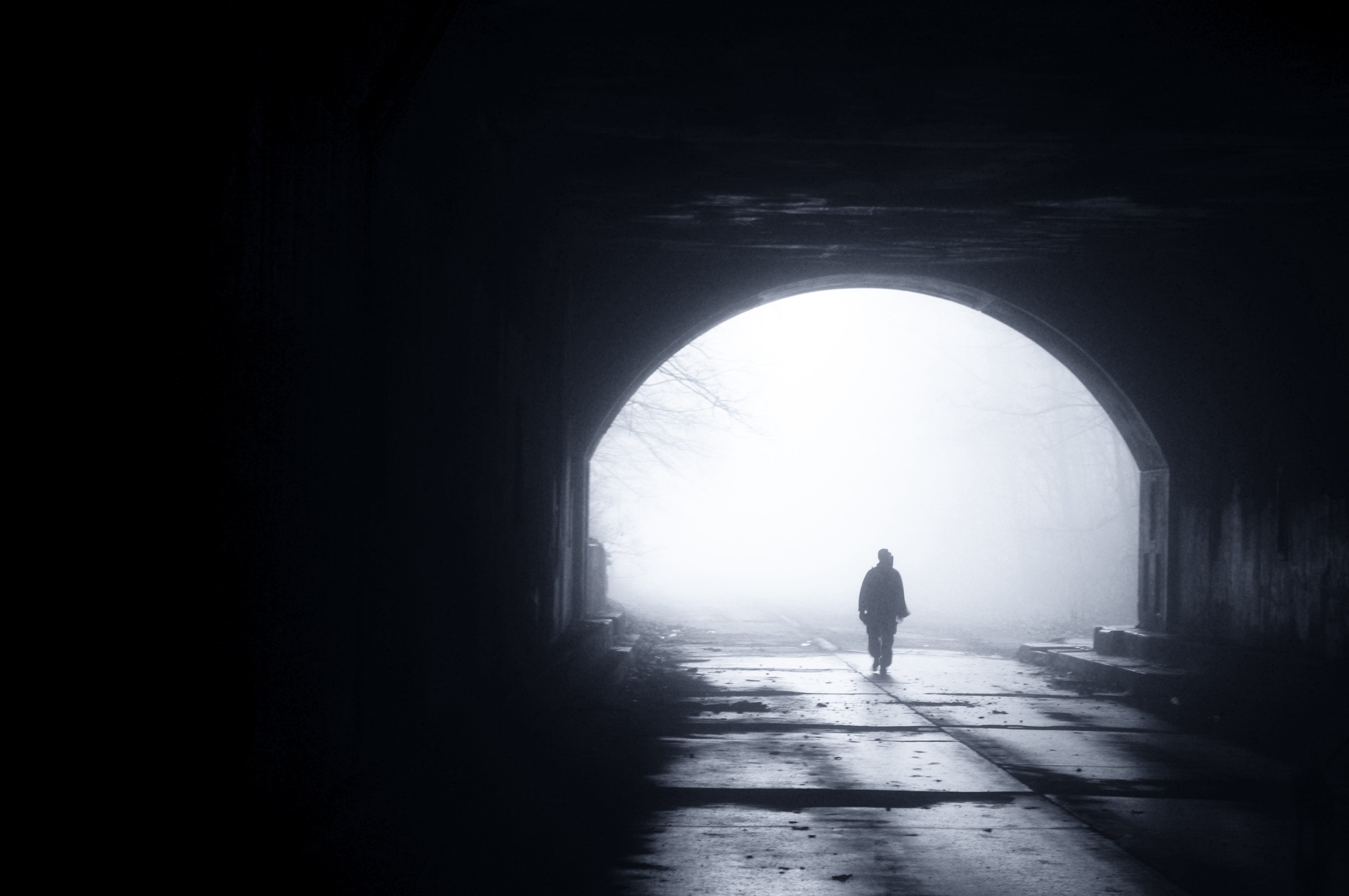 Into the Light, mystery, outdoors, solitude, silhouette, direction, daytime, light at the End of the Tunnel, copy space, walking, loneliness, person, shadow, HD Wallpaper