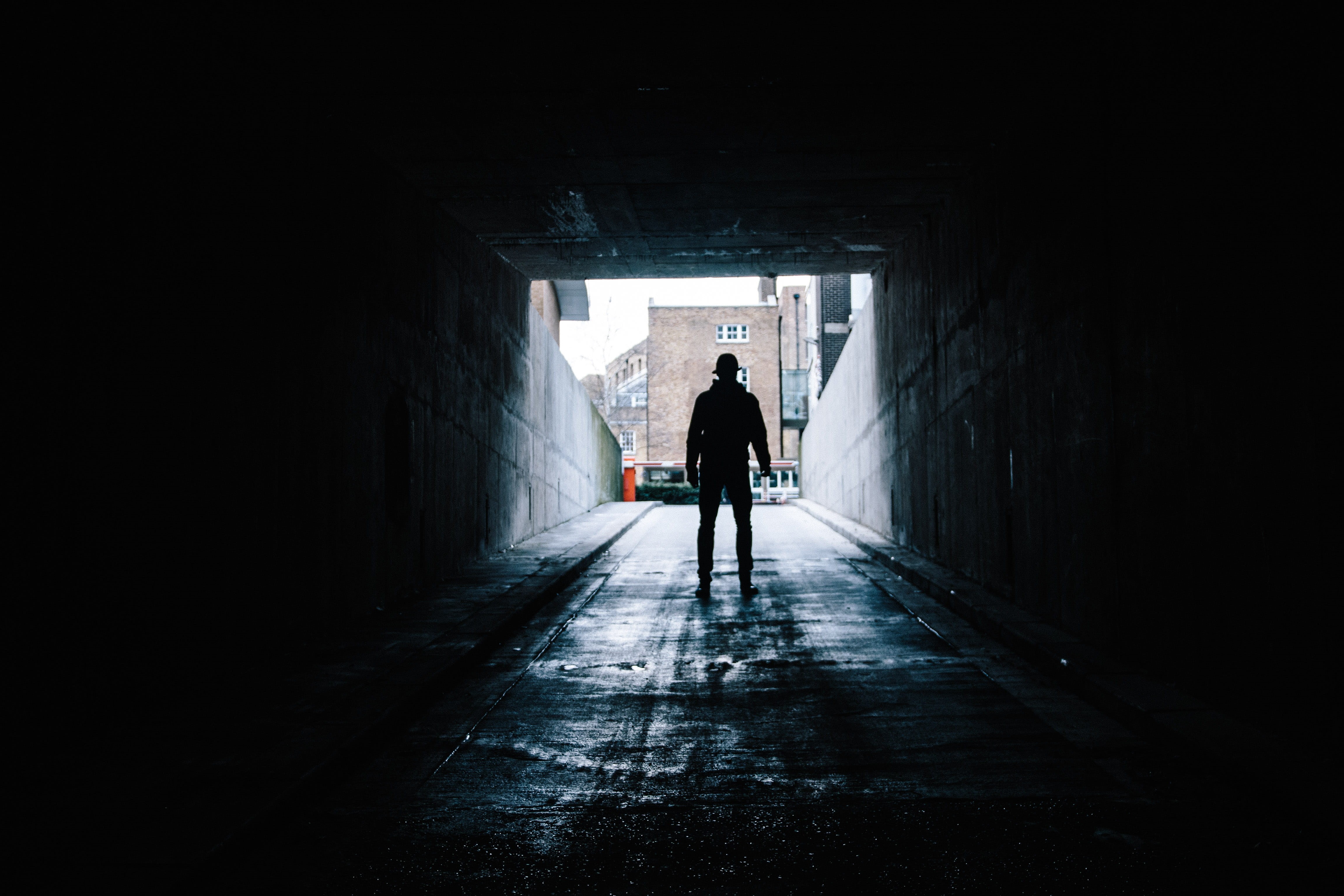 person, people, 4K, light at the end of the tunnel, day, garage, dark, leaving, built structure, urban Scene, walking, men, the way forward, rear view, HD Wallpaper