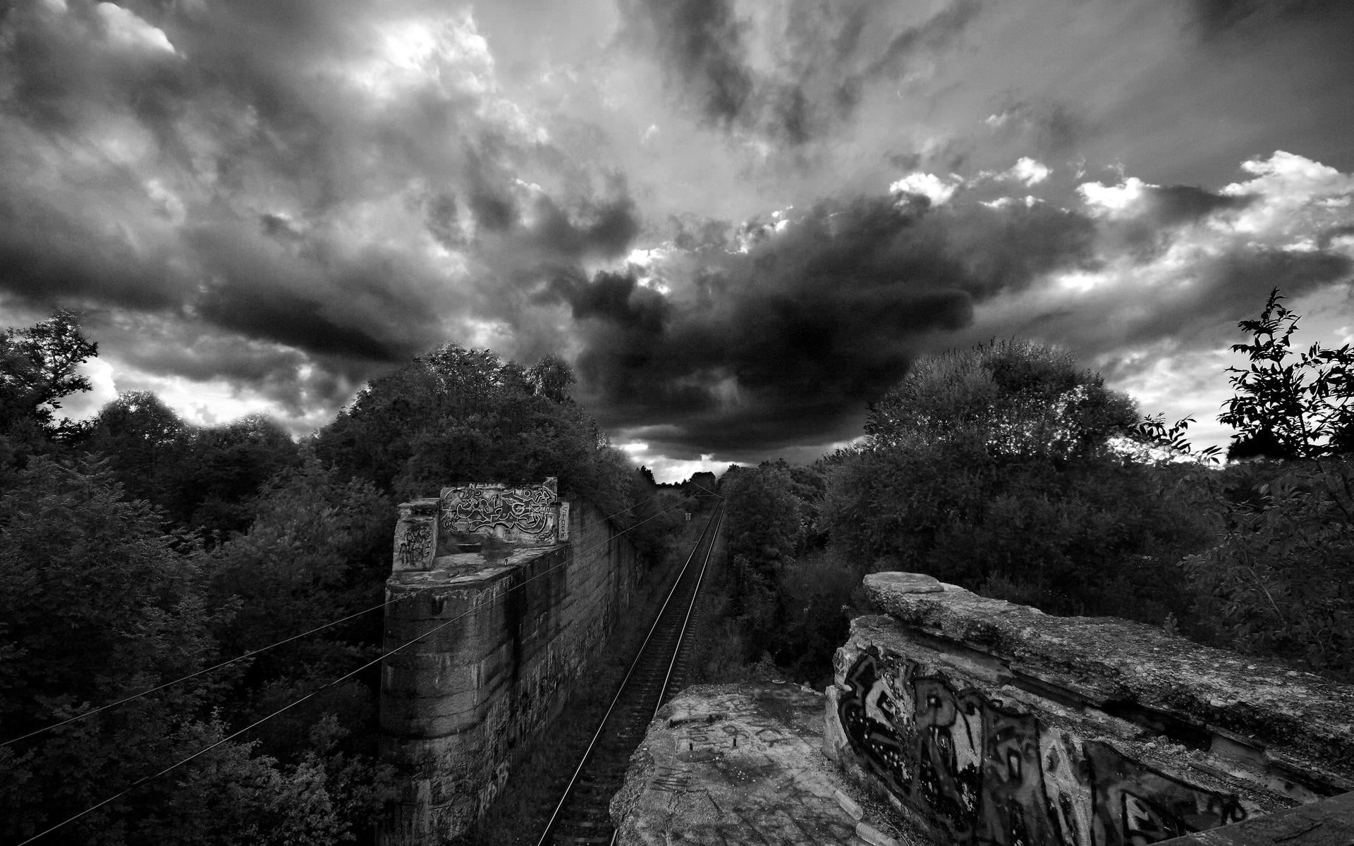 forest, sky, landscape, railways, building exterior, scenics - nature, cloud - sky, monochrome, railing, mountain, bridge, outdoors, tree, no people, transportation, HD Wallpaper
