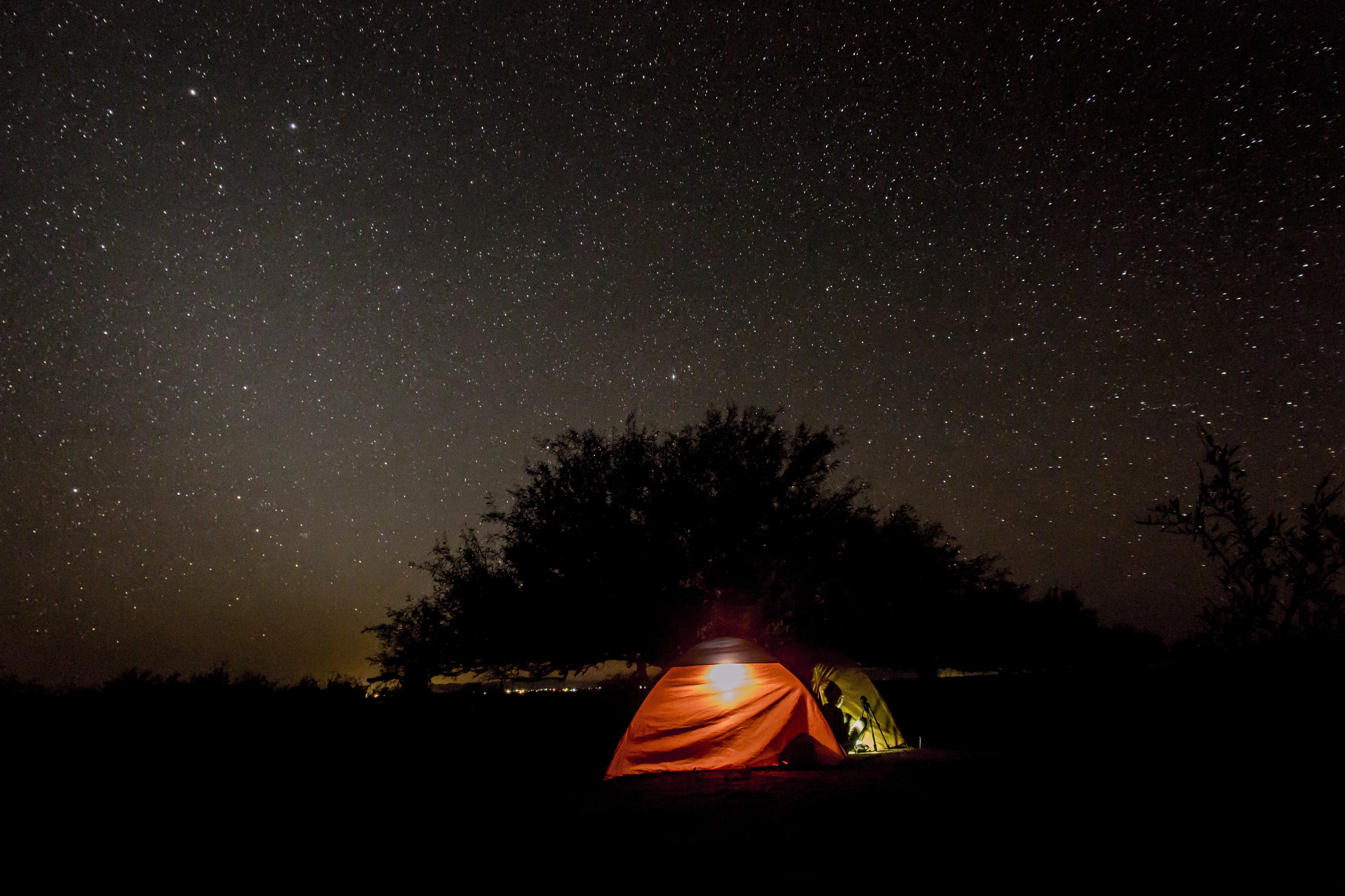 orange color, scenics - nature, stars, galaxy, glowing, plant, sky, dark, silhouette, outdoors, no people, landscape, red, adventure, tranquility, camping, HD Wallpaper