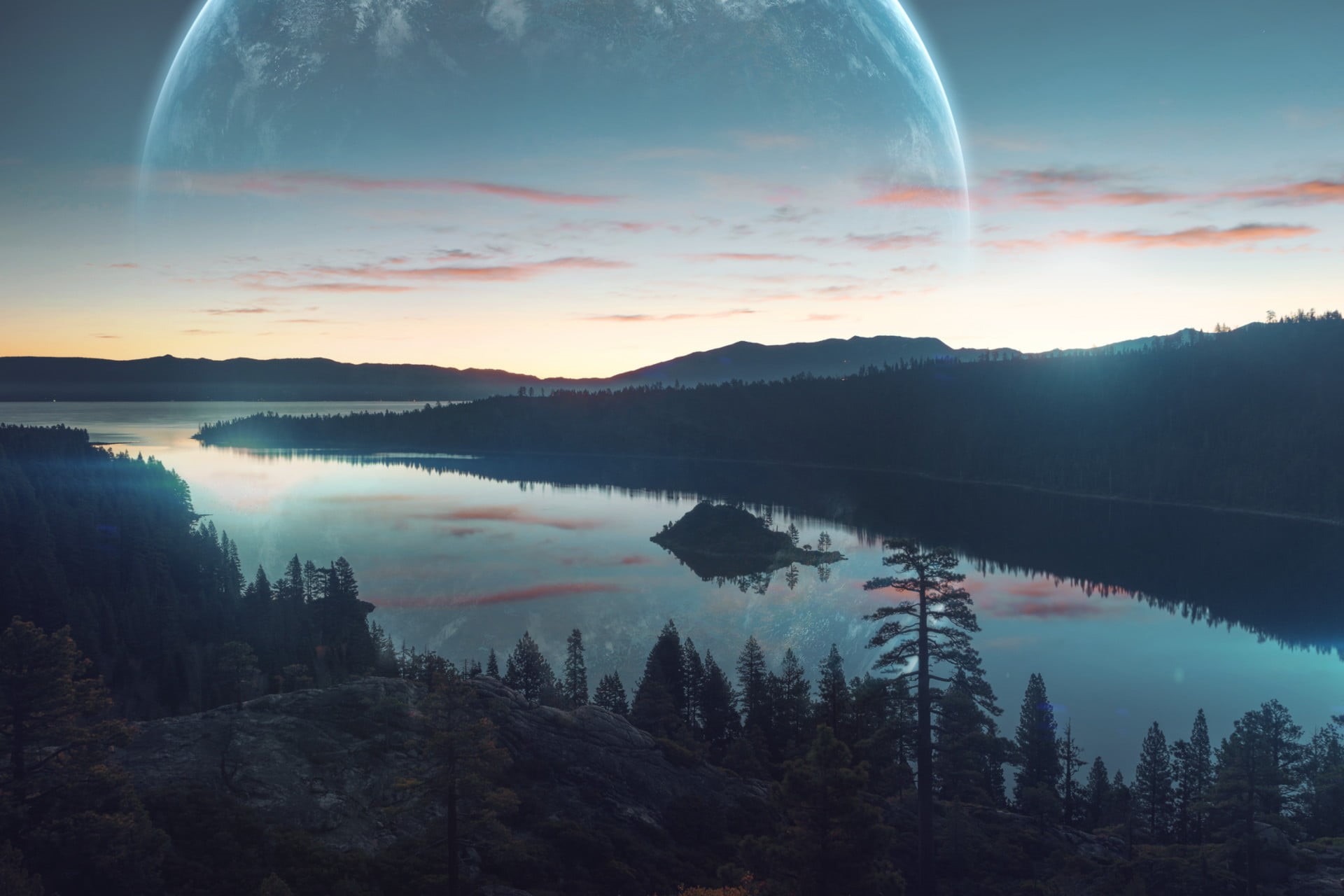 sun, Vadim Sadovski, canada, nature, digital art, sunrise - Dawn, sunlight, tranquility, dusk, idyllic, sunset, reflection, autumn, landscape, environment, HD Wallpaper
