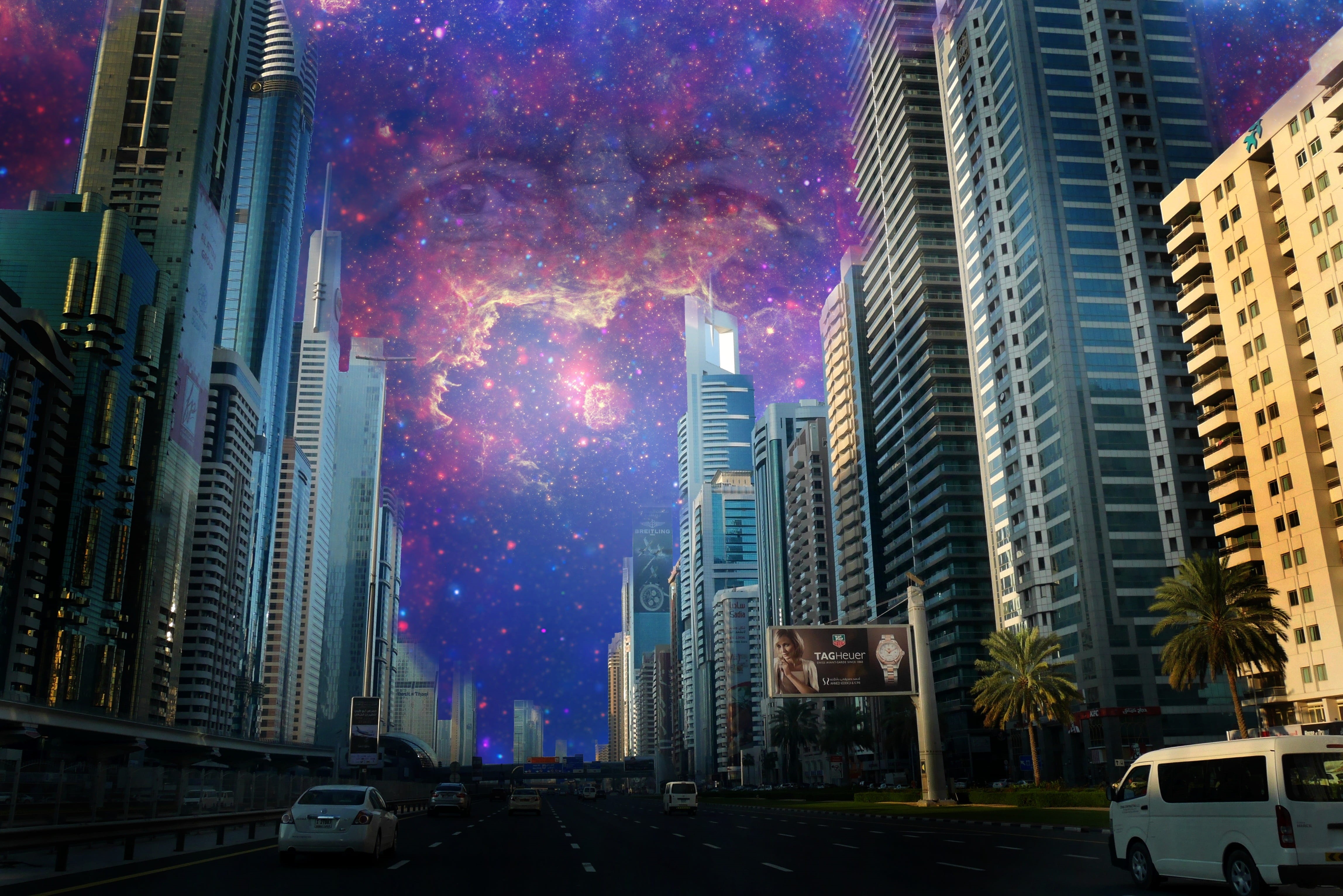 universe, bangkok, big city, divinity, kosmus, space, the eyes of god, milky way, built structure, road, financial district, fog, modern, tower, night sky, HD Wallpaper