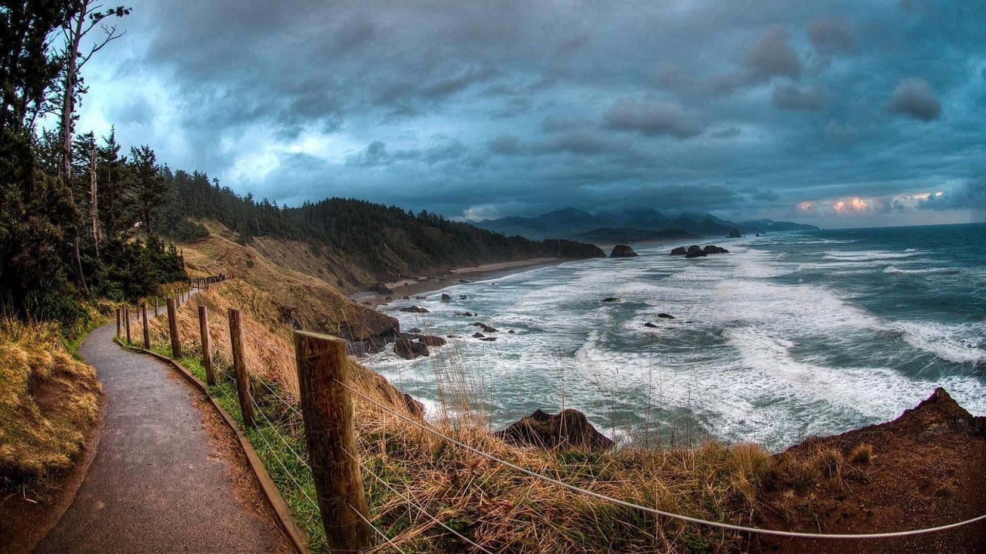 calm, power in nature, travel destinations, wave, bay, shore, cloud - sky, coastline, oregon, coast, path, 1080P, motion, lovely, ecola state park, beach, HD Wallpaper