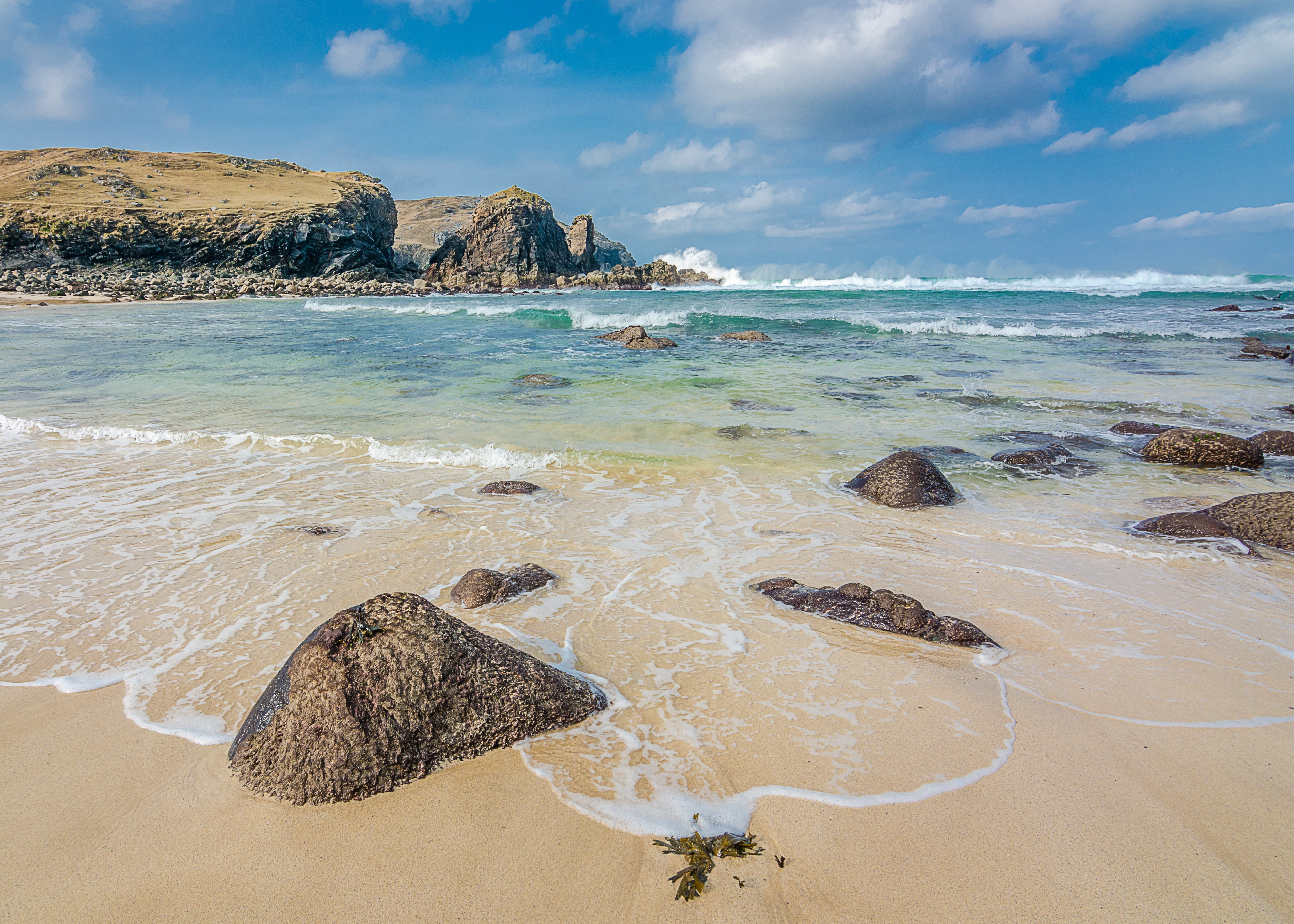 rock - Object, nature, ocean  waves, cliffs, sand  beach, UK, summer, wave, Dalbeg, surf, seawaves, 4K, coastal, coast, sand, Scotland, water, rocks, vacations, HD Wallpaper