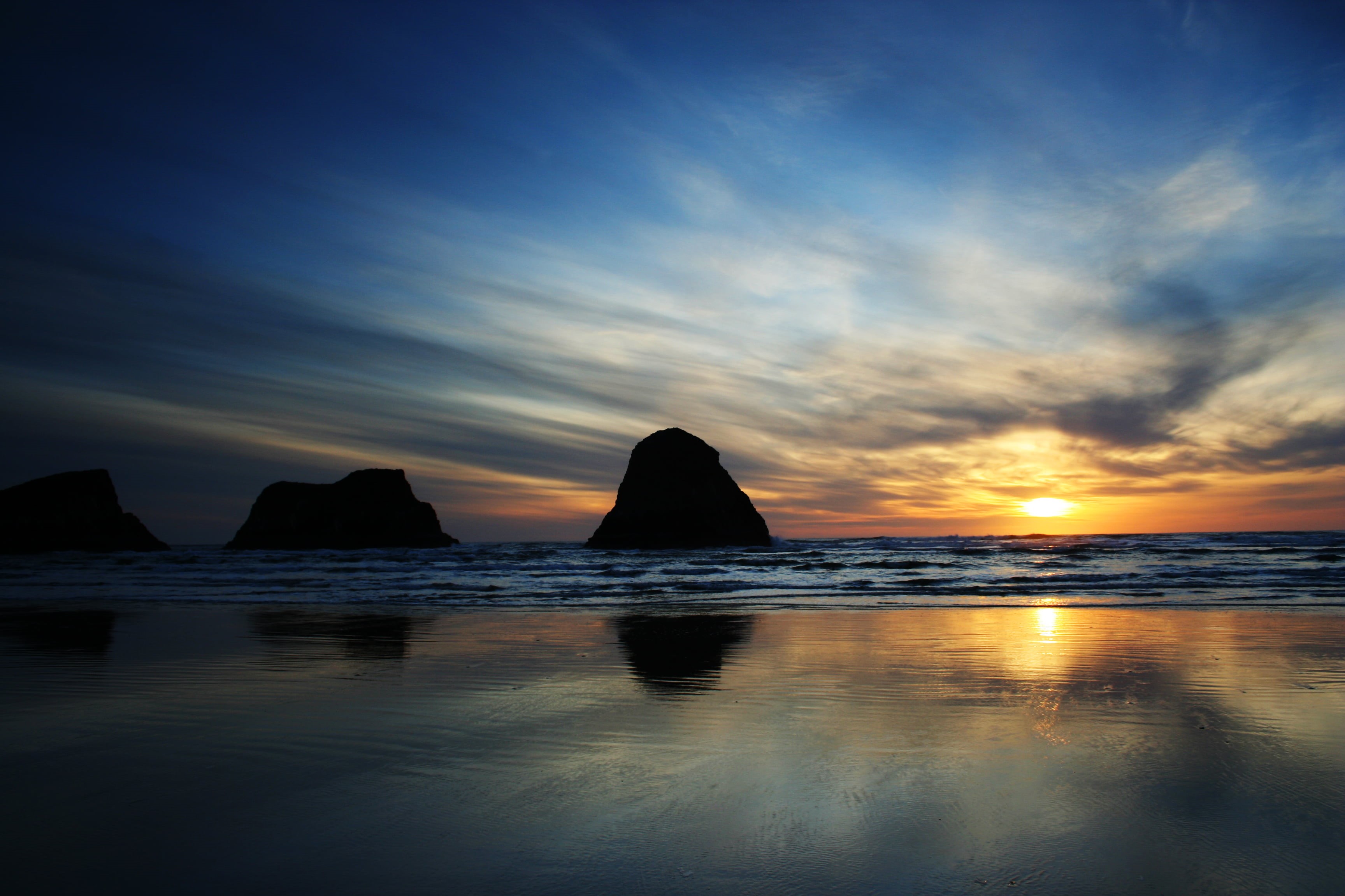 shore, photography, sky, nature, scenics, top, Sunset, landscape, vacations, sea, coastline, cannon, beach, v10, Cannon Beach, Oregon, rock - Object, dusk, HD Wallpaper