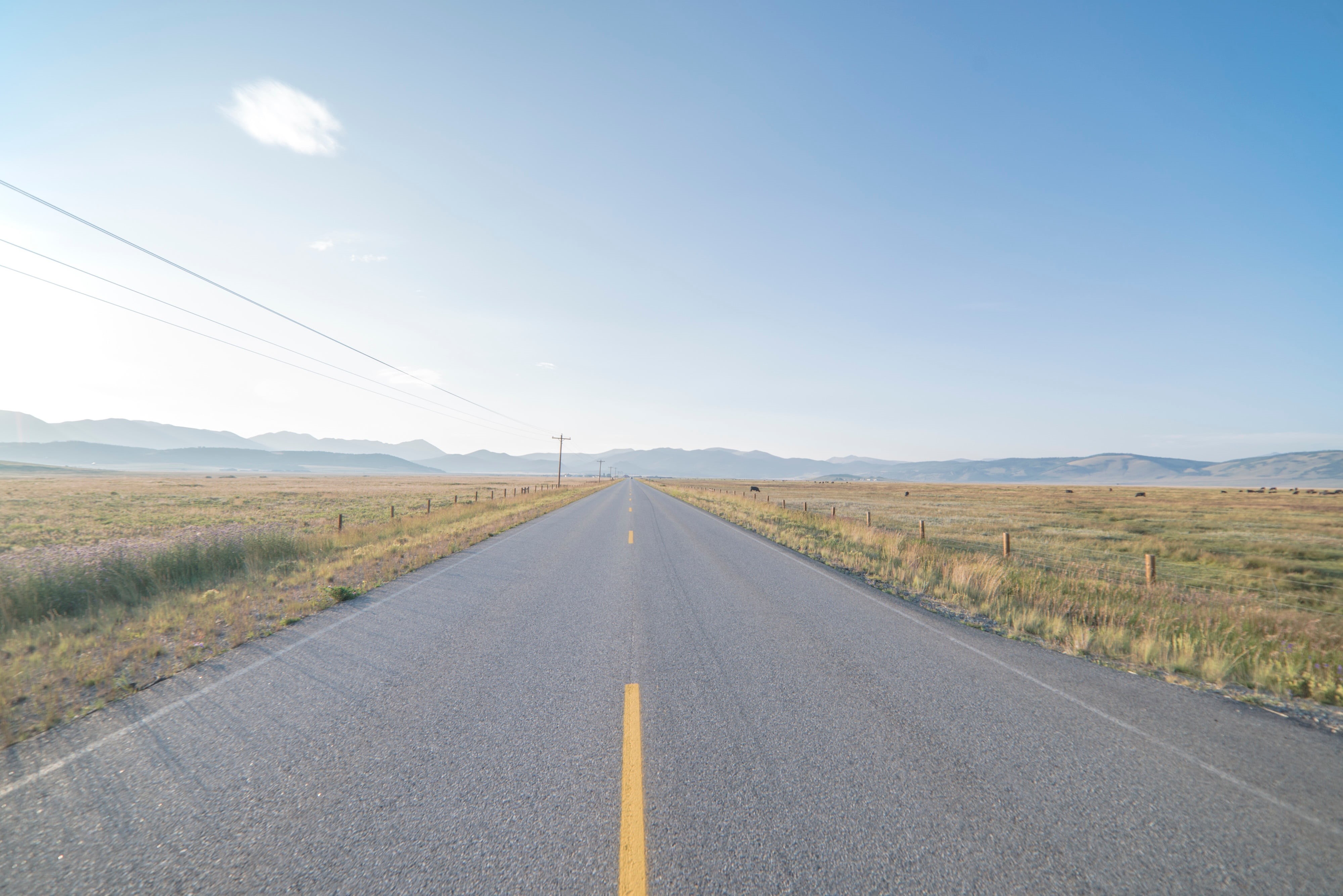 gray, transportation, asphalt, mountain, day, blue, horizon, field, sky, symbol, nature, the way forward, concrete, road, photo, landscape, empty, no people, HD Wallpaper