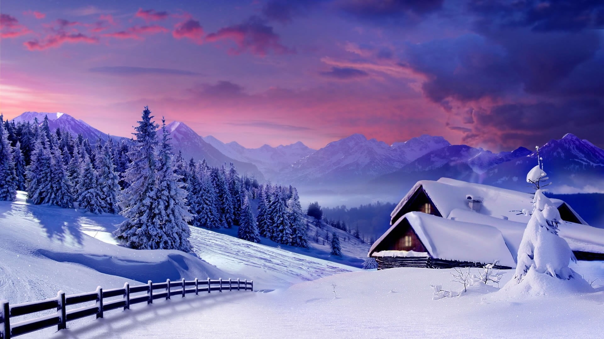 nature, tree, house, architecture, built structure, winter, cottage, mountain, beauty in nature, painting, outdoors, snow, landscape, building exterior, HD Wallpaper