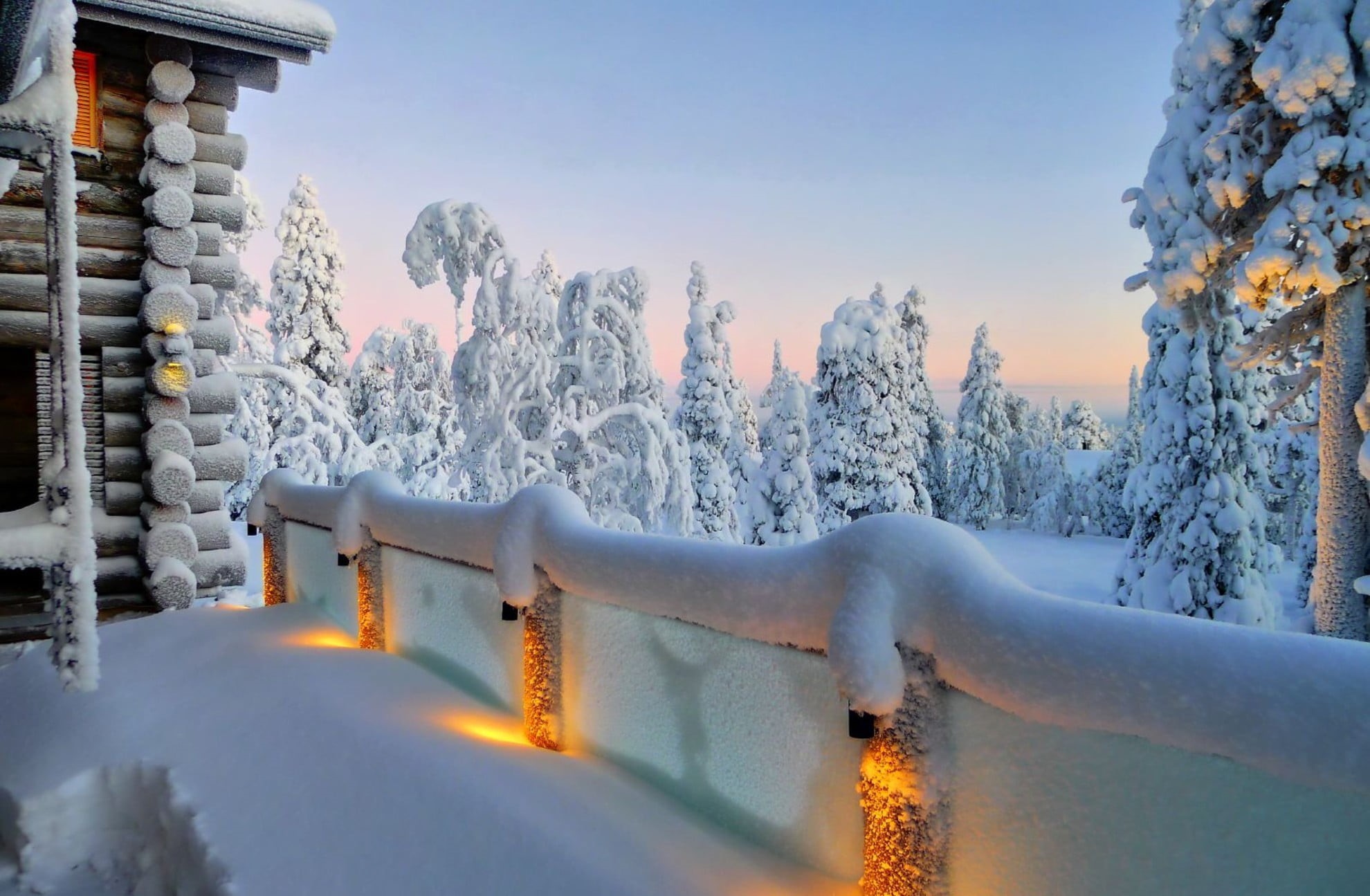 tree, sky, frozen, building exterior, cold temperature, architecture, beauty in nature, building, daytime, trees, 1080P, clear sky, railing, built structure, HD Wallpaper