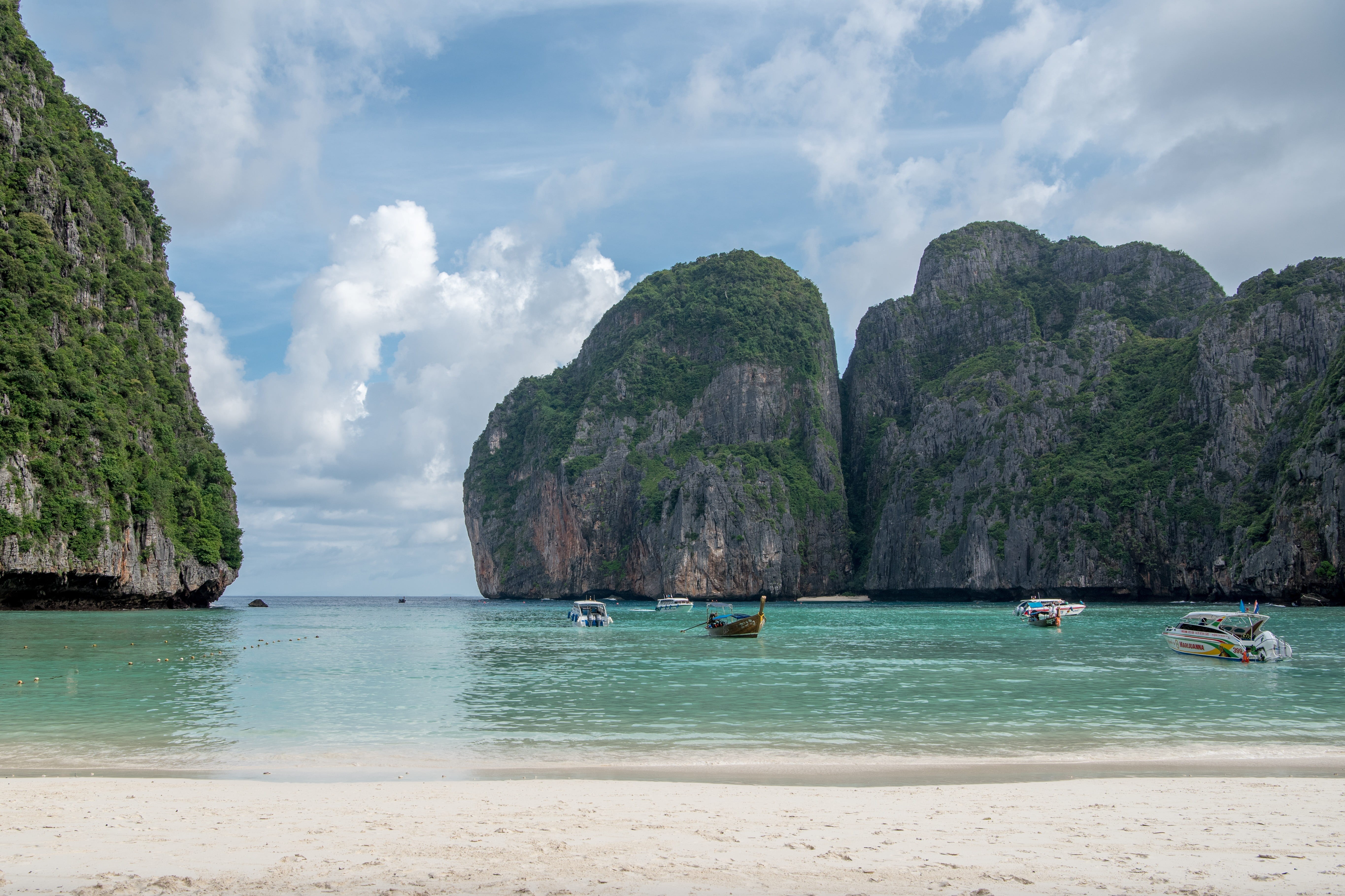 no people, phi phi islands, seascape, transportation, turquoise colored, nautical vessel, nature, bay, tranquility, island, beach, beauty in nature, lagoon, HD Wallpaper