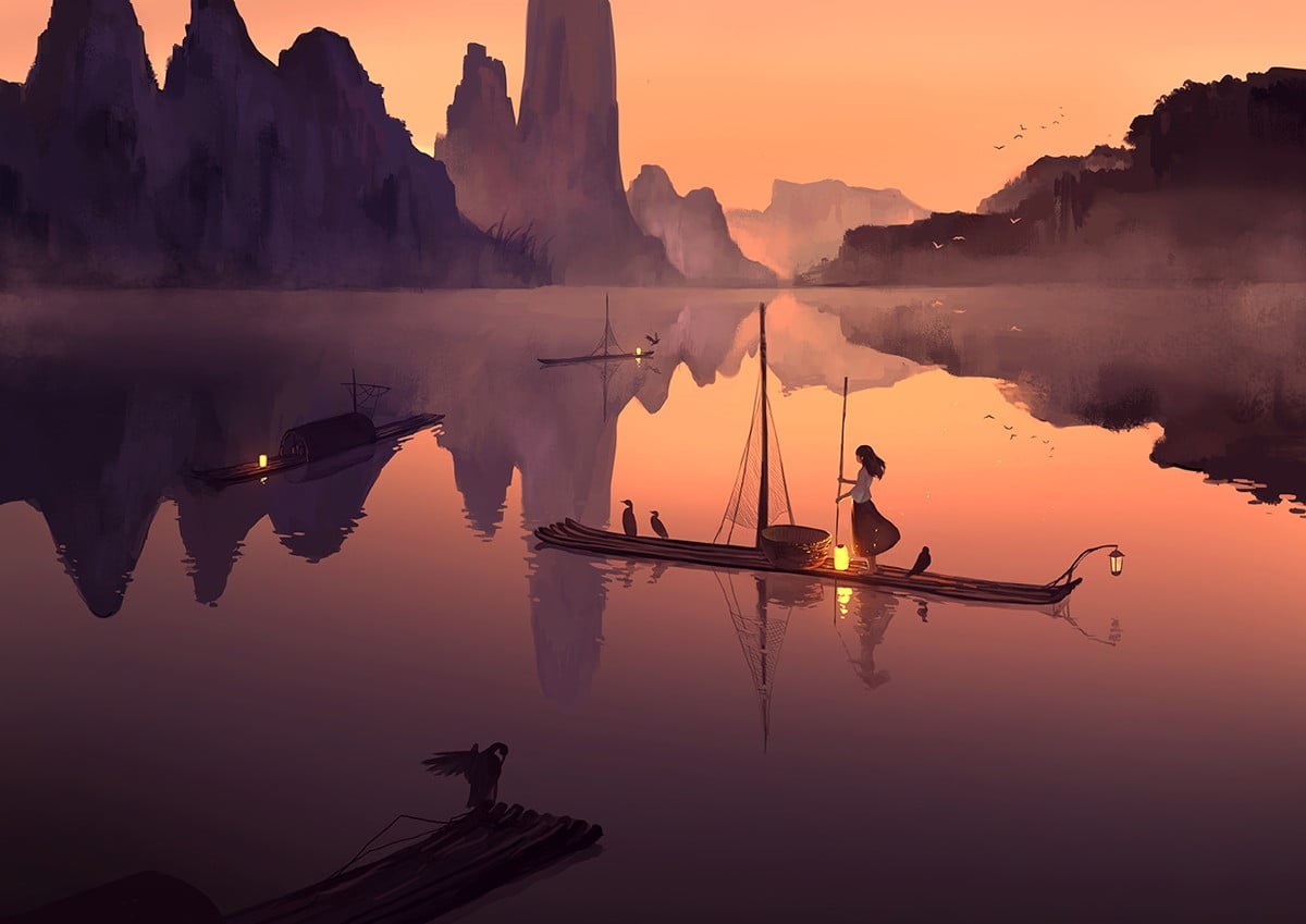 idyllic, scenics - nature, men, sunset, beauty in nature, one person, occupation, orange color, digital art, outdoors, illustration, nature, water, tranquil scene, HD Wallpaper