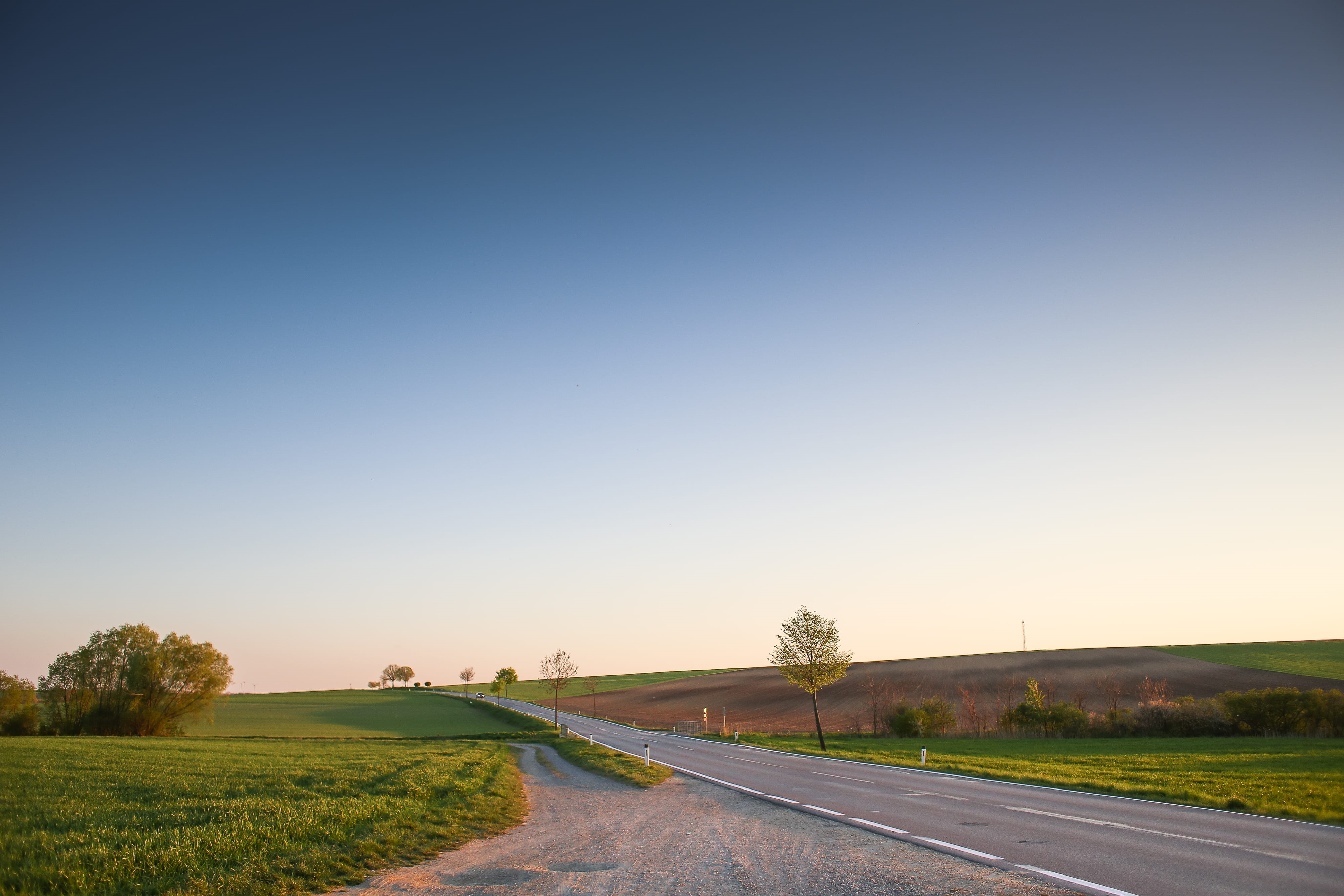direction, no People, outdoors, land, non-Urban Scene, rural Scene, Sky, tree, country road, field, horizon, blue, transportation, plant, long, scenics, HD Wallpaper