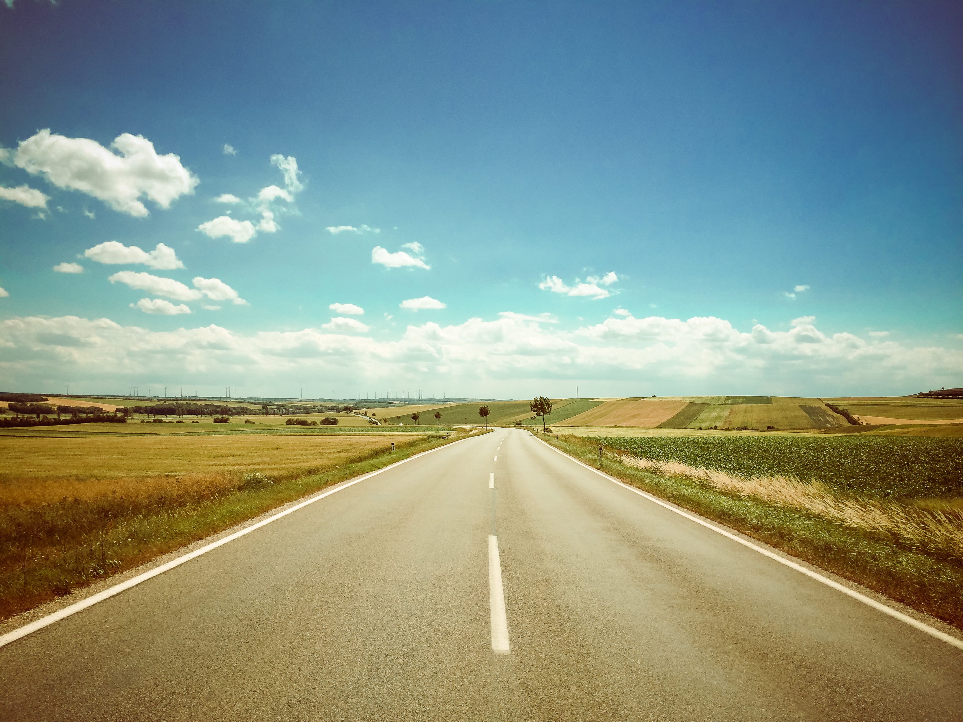 straight, sunny, no People, land, road marking, outdoors, dividing line, horizon, landscaped, rural Scene, grass, travel, asphalt, blue, the way forward, HD Wallpaper