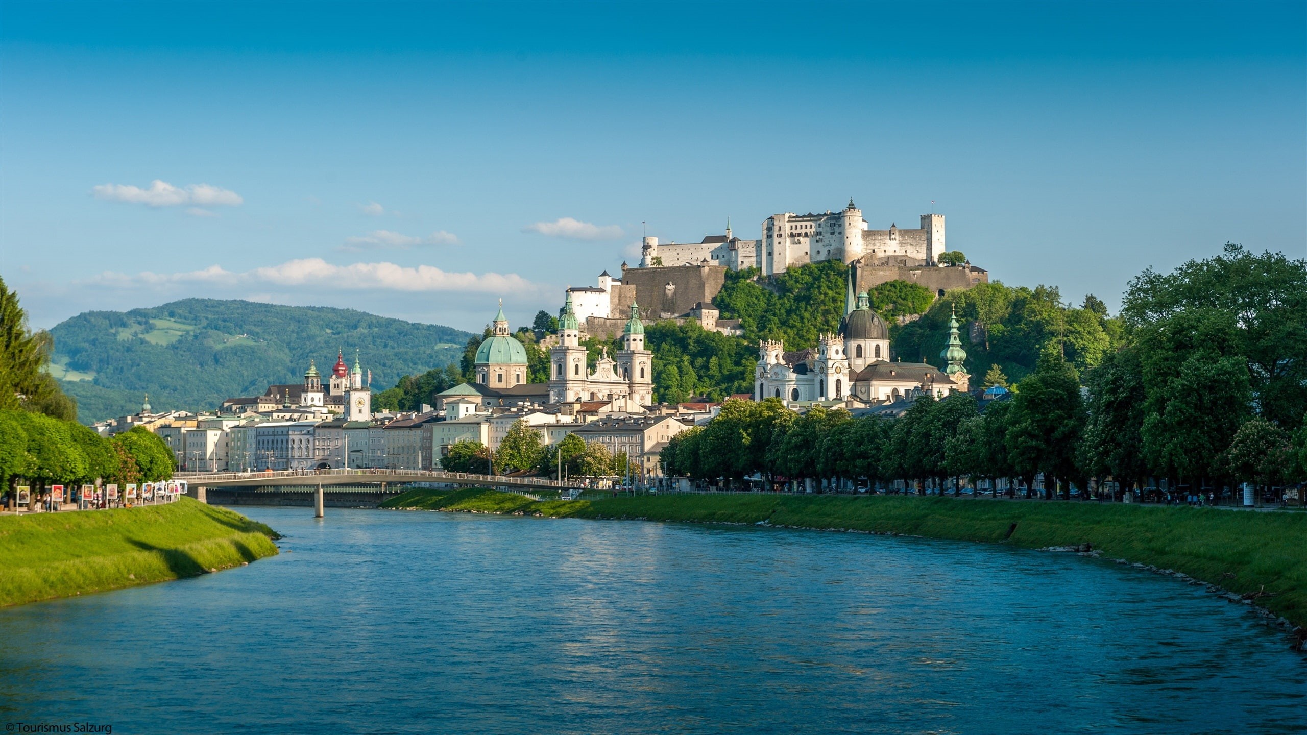 Bridge, 2K, Mountains, Houses, Salzburg, Austria, River, HD Wallpaper