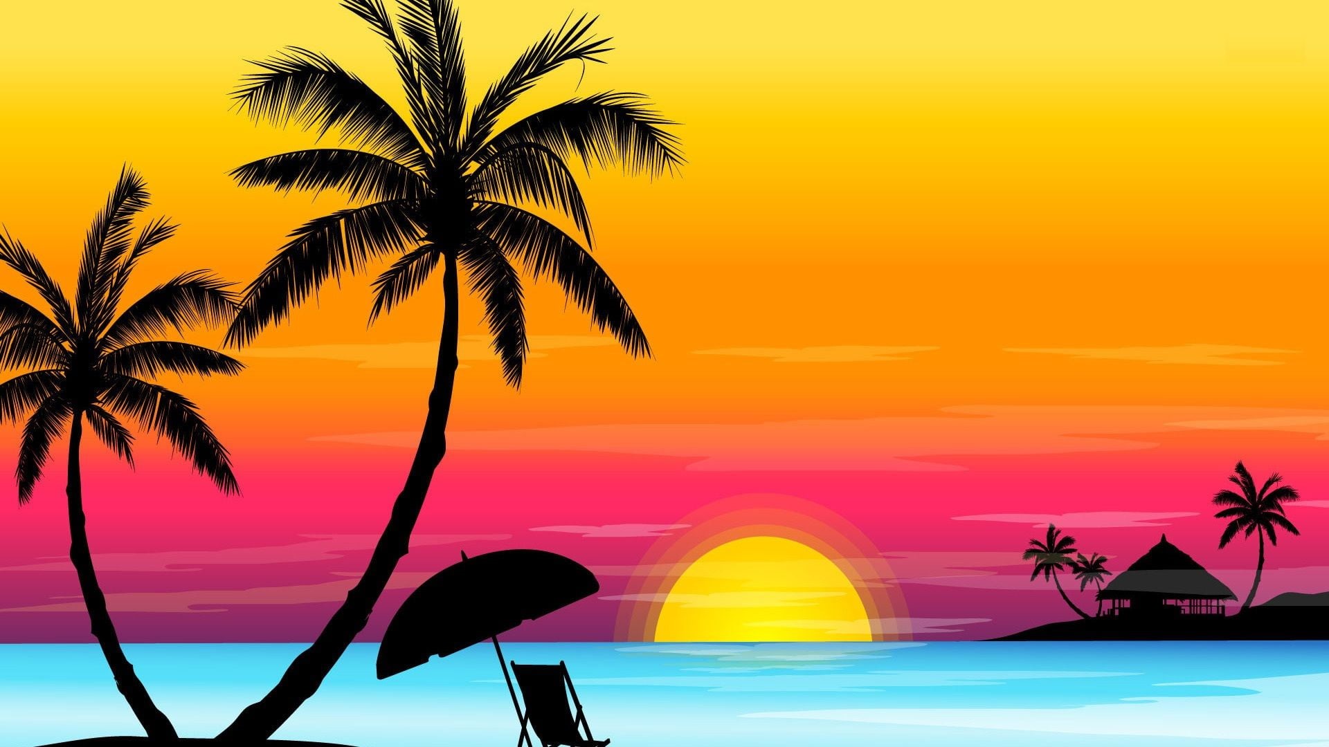 no people, growth, palm tree, tropical, digital art, painting, water, 1080P, sunset, sea, plant, silhouette, drawing, lounge, scenics - nature, sky, outdoors, HD Wallpaper