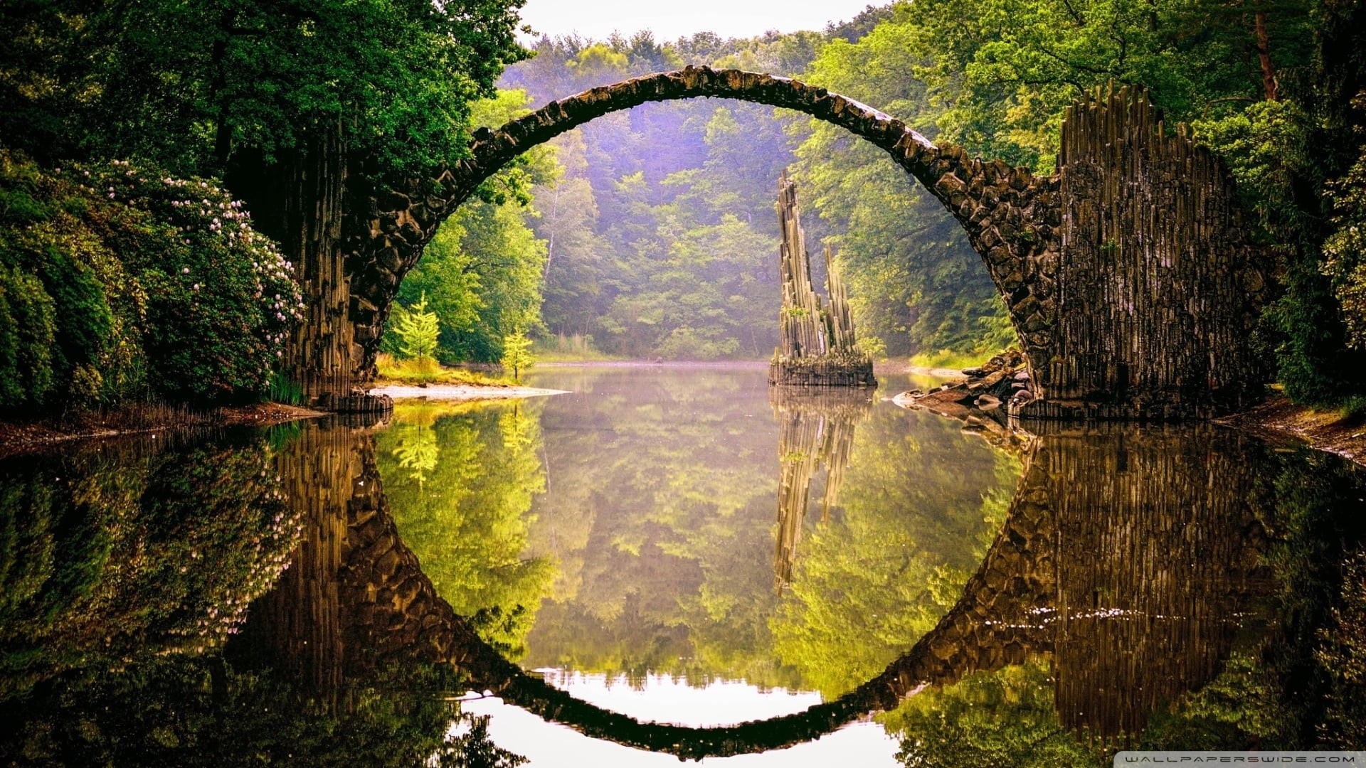 lake, arch, brown, green, no people, arch bridge, scenics - nature, tranquil scene, symmetry, architecture, idyllic, tree, plant, beauty in nature, landscape, HD Wallpaper