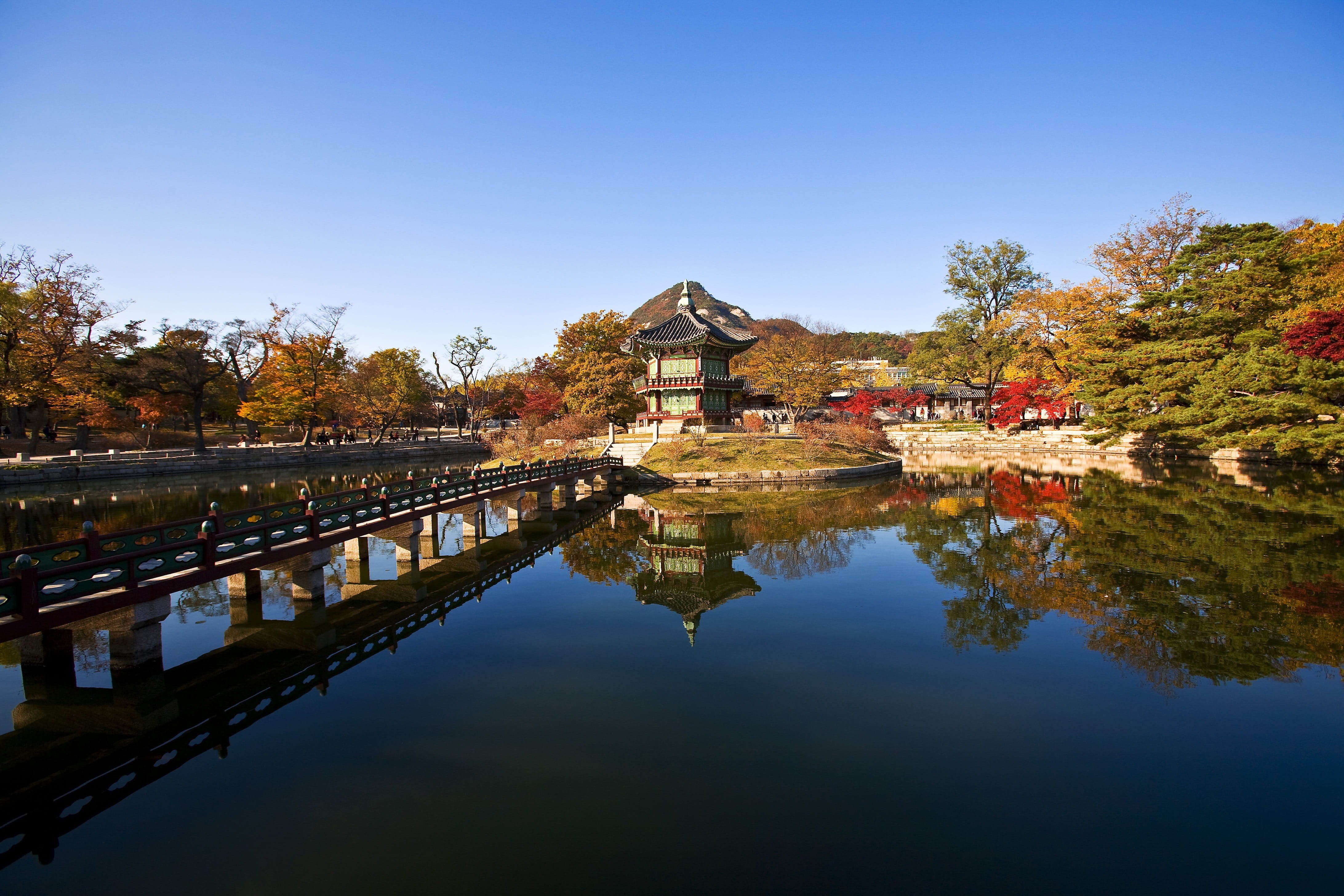 lake, gyeongbok palace, building exterior, construction, asian style, houses, autumn, palace, change, tourist destination, tree, cultural property, outdoors, HD Wallpaper