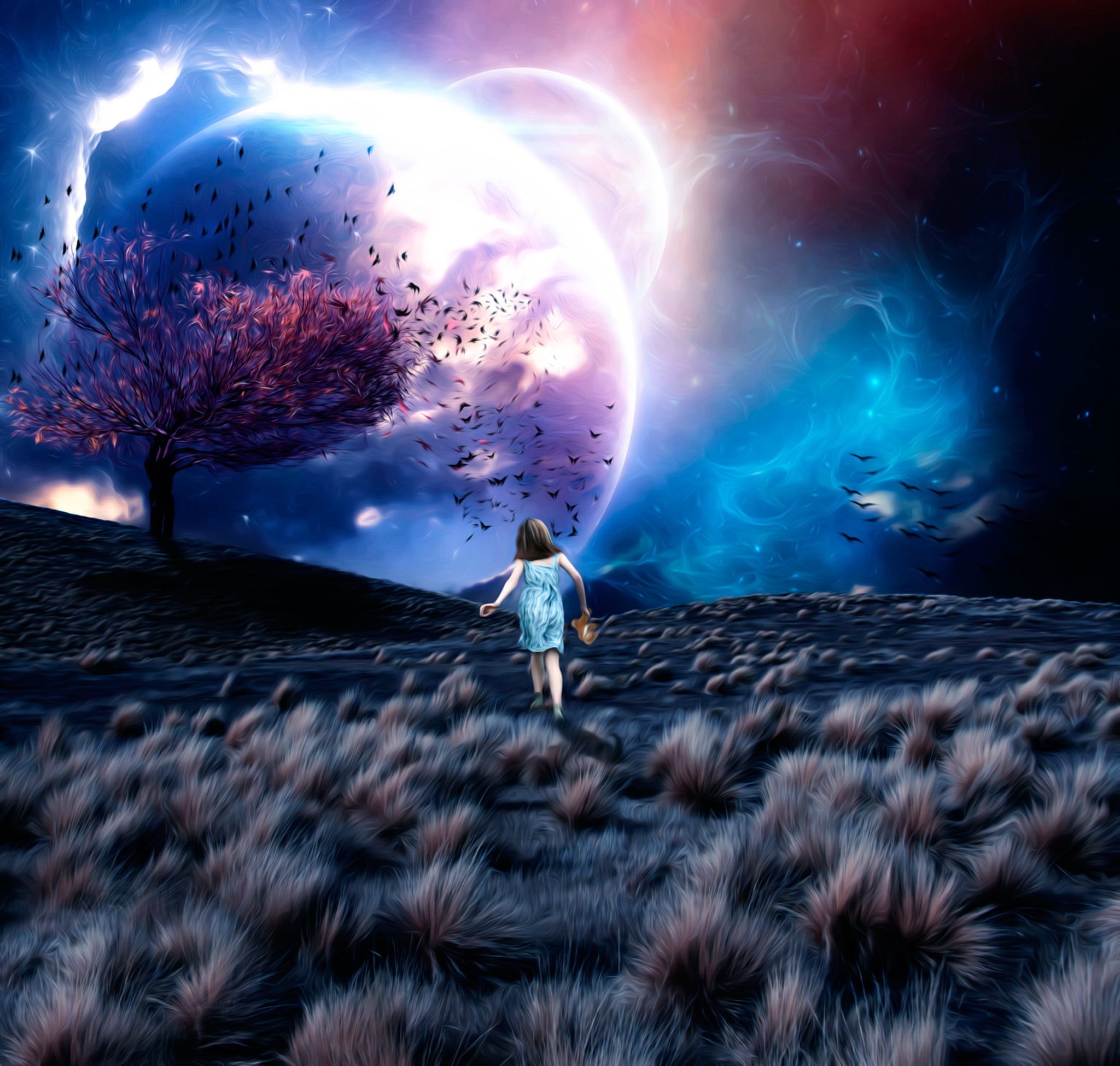 leisure activity, real people, men, sea, space, child, painting, digital composite, casual clothing, woman, lifestyles, purple, tree, outdoors, 1080P, HD Wallpaper