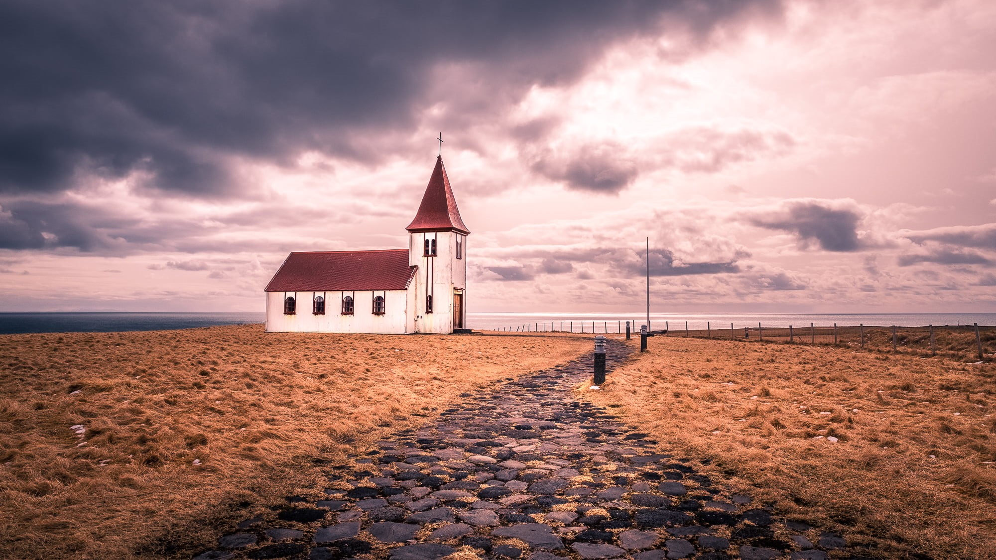 view, Travel photography, Iceland, church, sea, hill  town, walled, old, clouds, Western Region, toward, black path, nature, beach, black, sky, coastline, HD Wallpaper