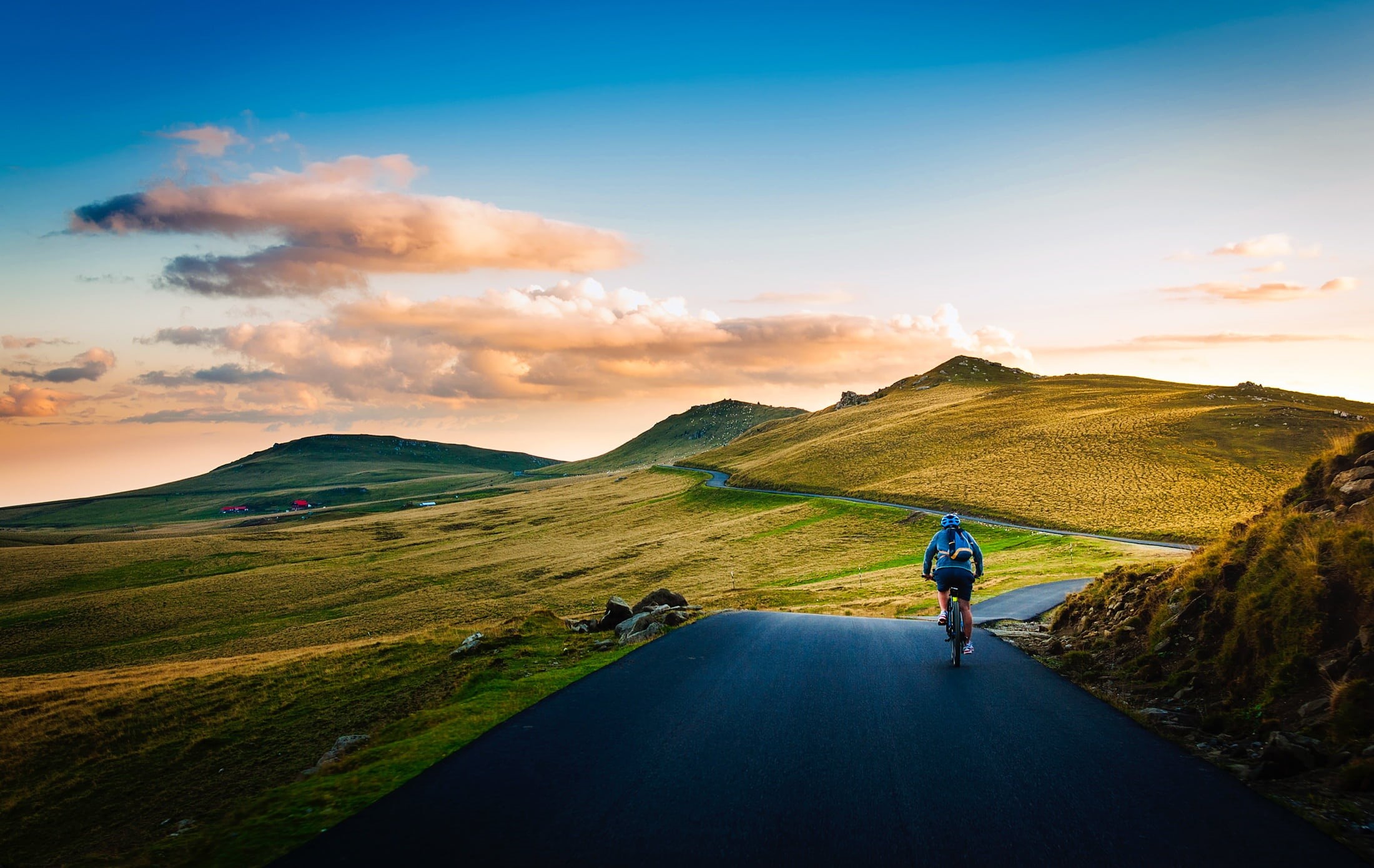 cycling, person, motorcycle, road, exercise, leisure activity, sunset, man, 1080P, non-urban scene, beauty in nature, one person, adults only, riding, HD Wallpaper