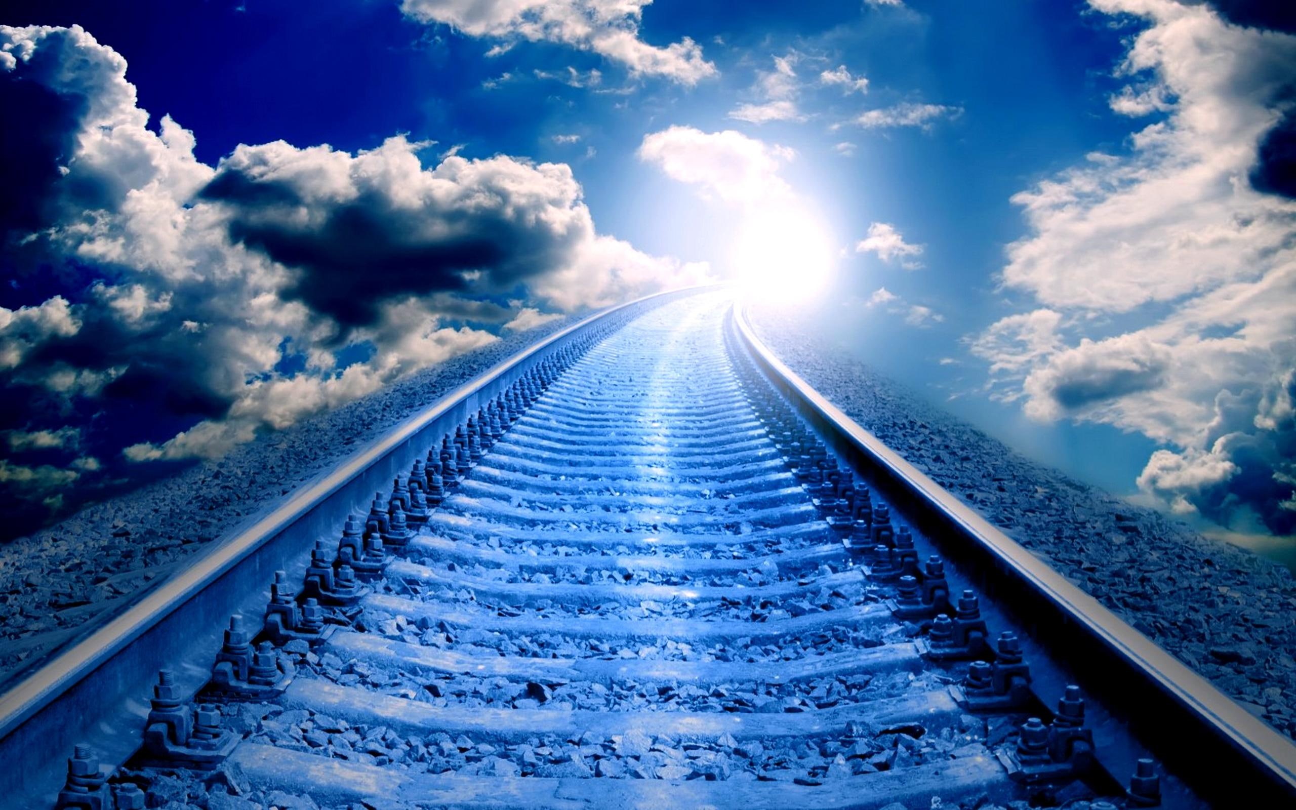 nature and landscapes, sun, rails, track, towards, 2K, clouds, HD Wallpaper