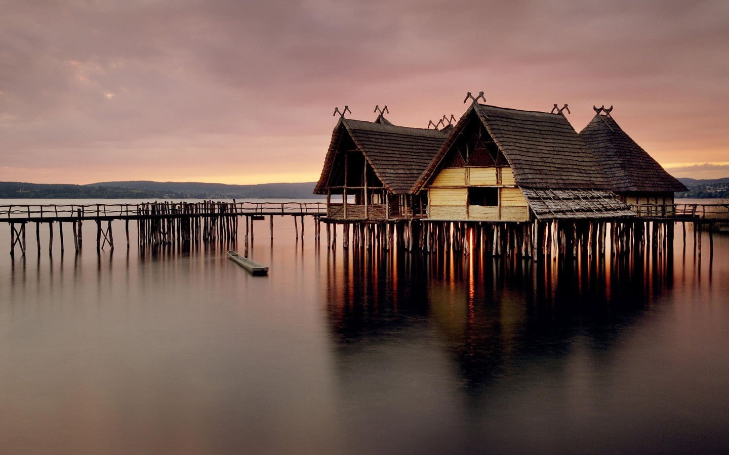 720P, no people, sunset, scenics - nature, residential district, architecture, sea, nature, building exterior, built structure, cloud - sky, lake, stilt house, HD Wallpaper