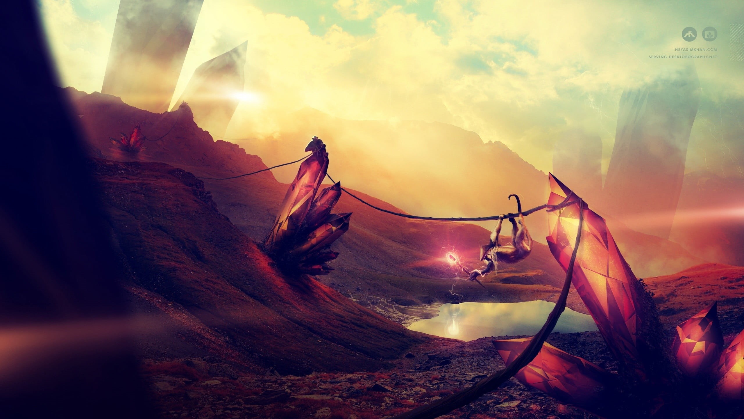 sunbeam, crystal, nature, lifestyles, cloud - sky, 2K, leisure activity, Desktopography, one person, outdoors, red, lens flare, fantasy art, real people, HD Wallpaper
