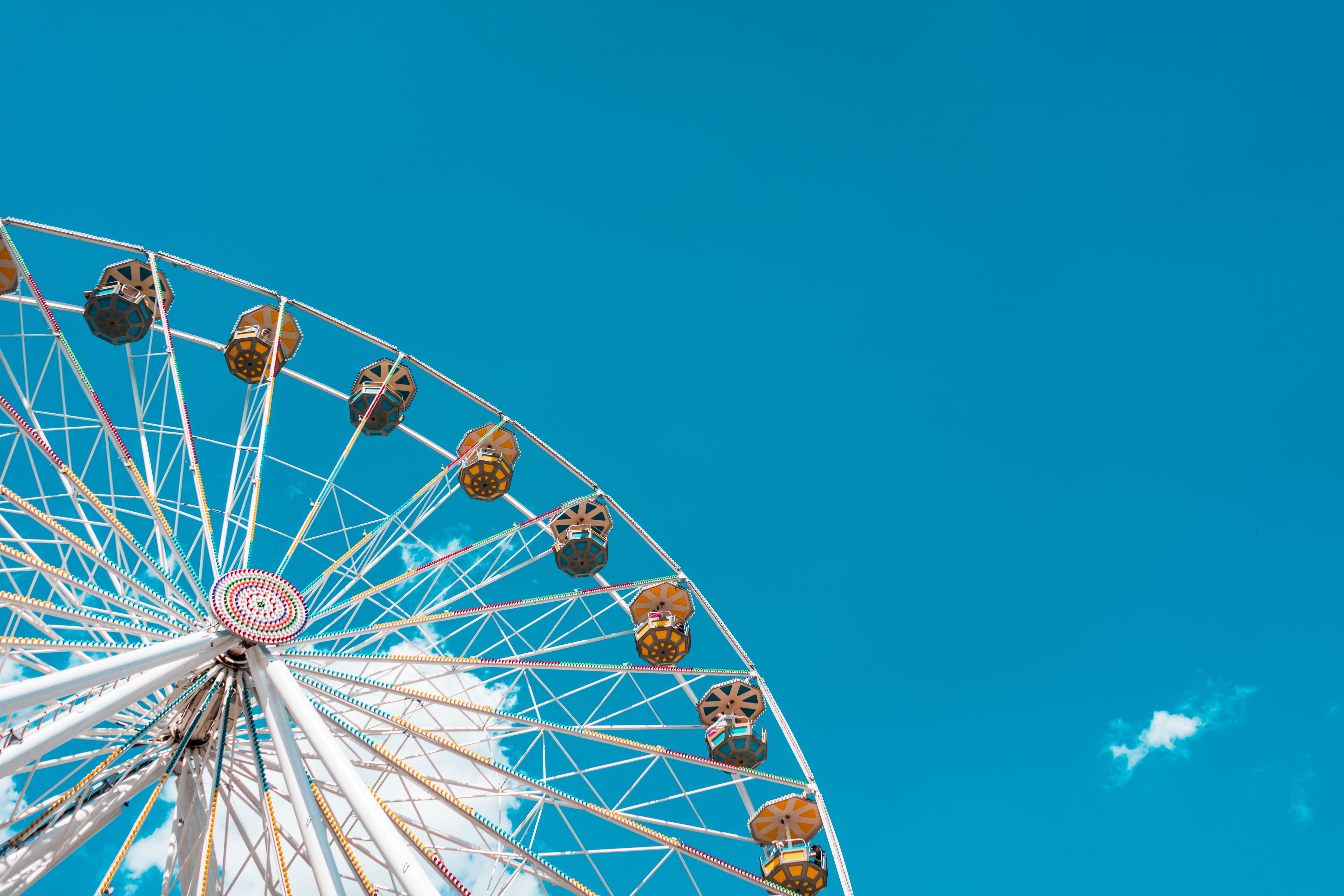blue, geometric shape, spoke, fun, circle, day, 4K, large, ferris, park, copy space, St. Matthews Fair, room for text, low angle view, leisure activity, HD Wallpaper