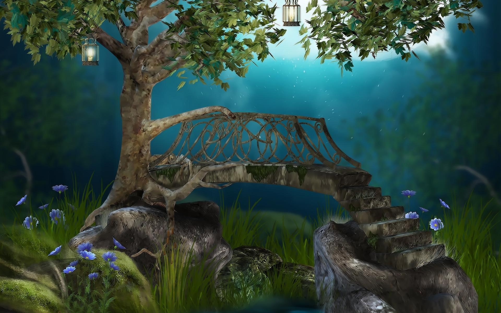 1080P, place, 3d and abstract, abstract, river, tree, bridge, magic, flowers, fantasy, HD Wallpaper