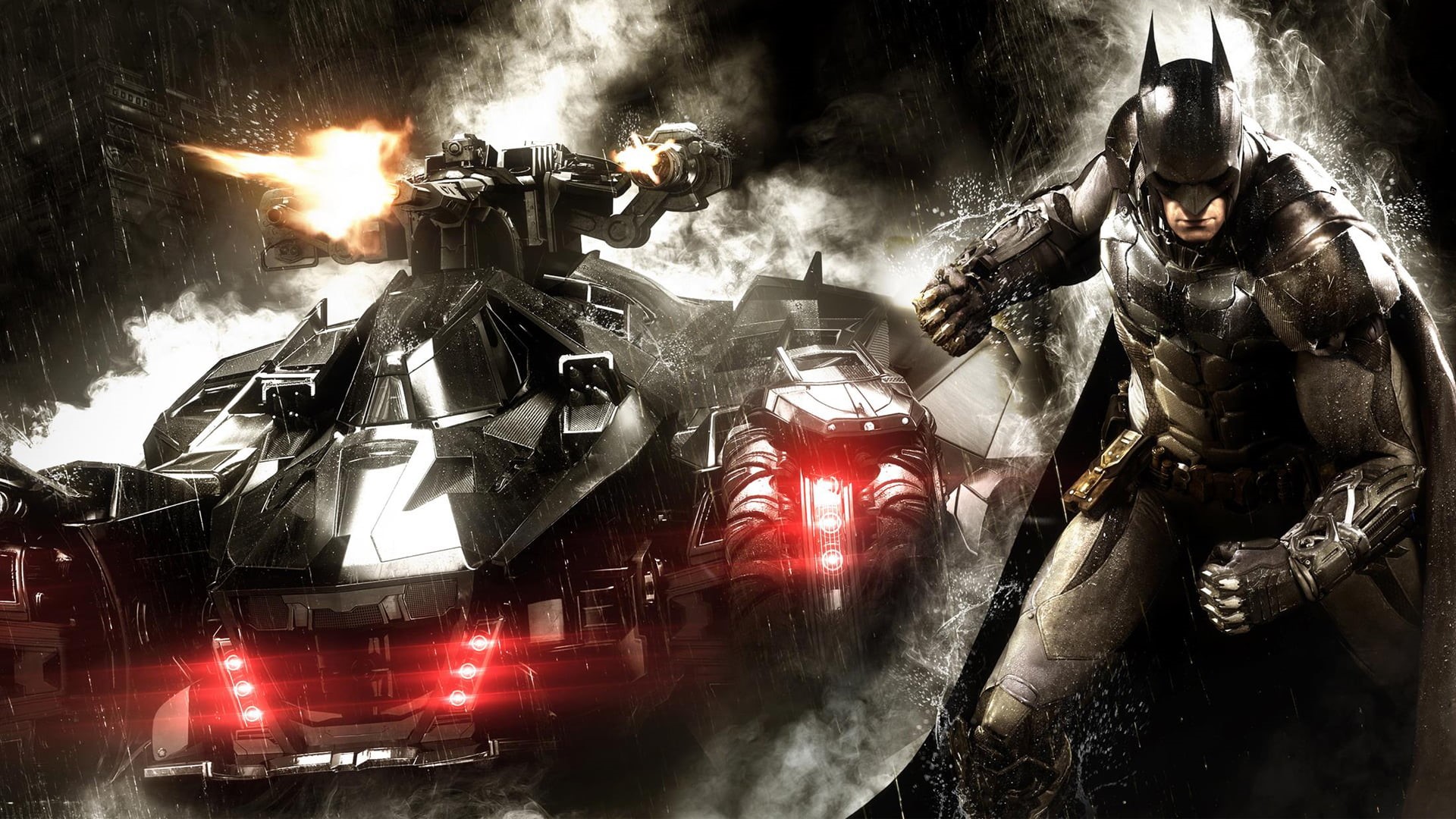 waist up, men, smoke, batman, weapon, Warner Bros. Interactive Entertainment, protection, two people, rain, transportation, armor, communication, HD Wallpaper