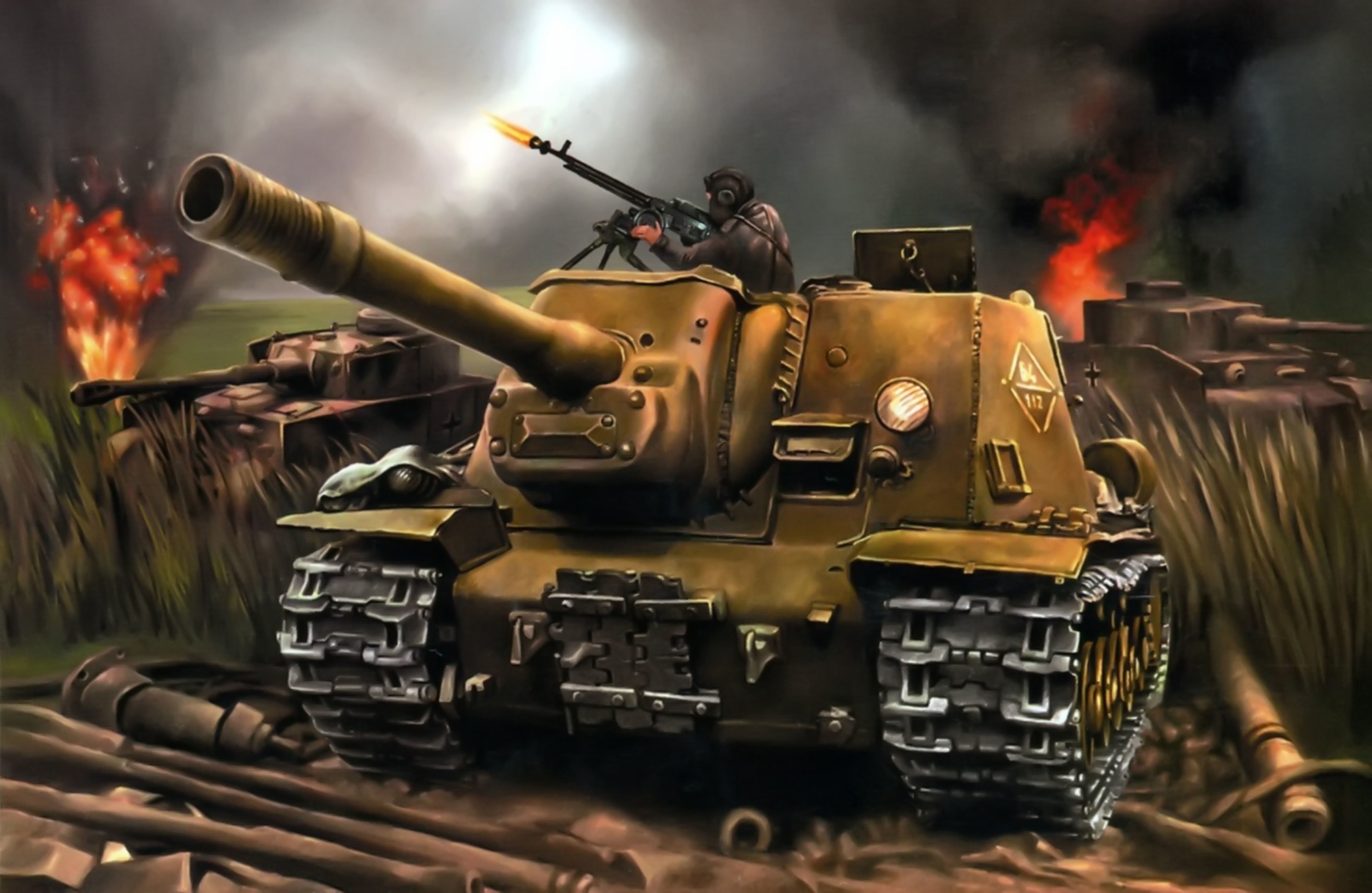 battle, military, art, installation, German, heavy, average, brown, 1970s, conflict, right, fighting, ISU-152, tanks, Pz.Kpfw. IV, machine gun, violence, HD Wallpaper