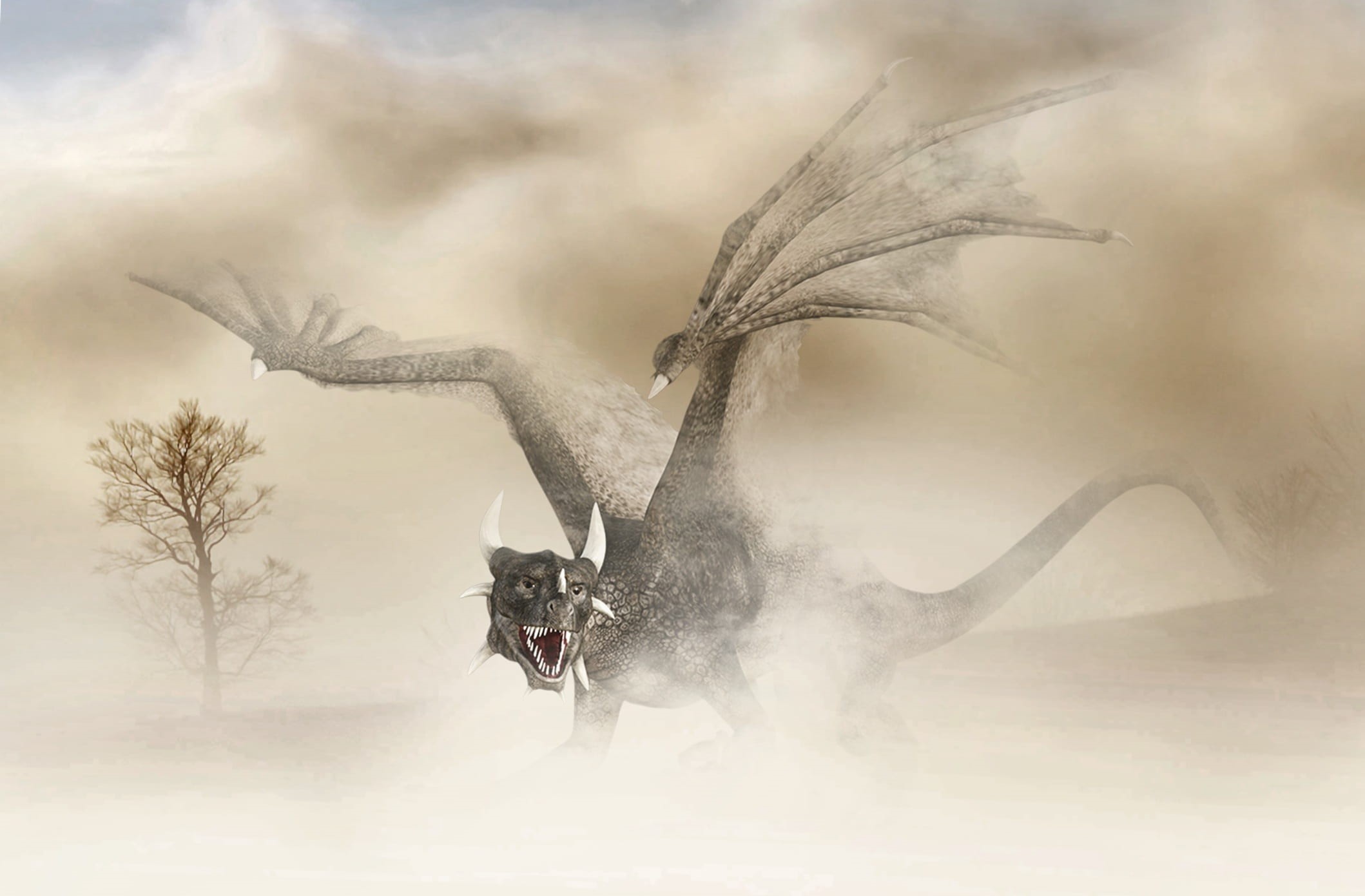 tree, mammal, dragon, animal wildlife, mythical animal, no people, art, mood, 3d, winter, risk, rule, day, animal, deer, one animal, vertebrate, roar, plant, HD Wallpaper