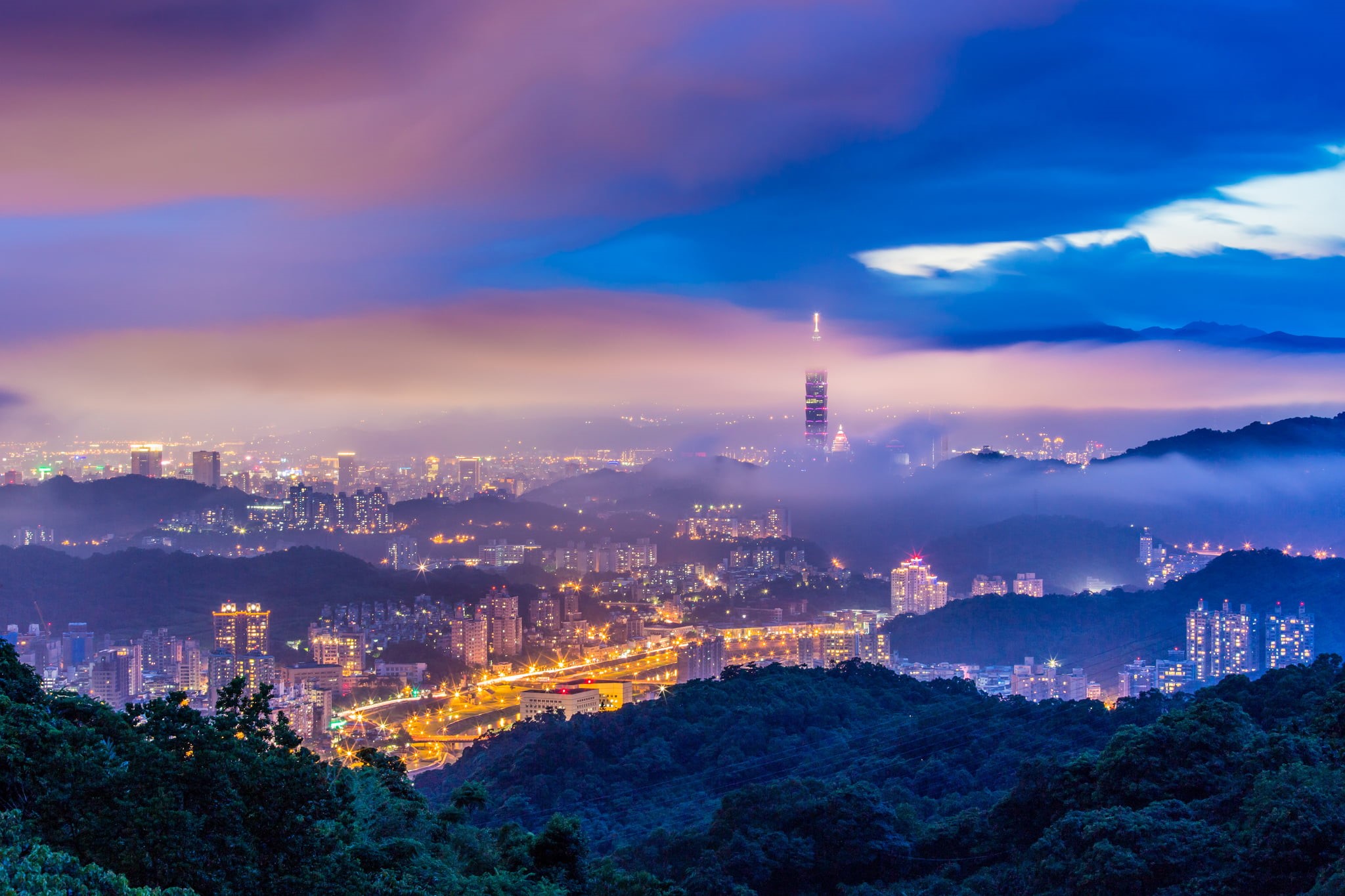 town, trees, Taipei, travel destinations, residential district, view, clouds, asia, tall - high, nature, cityscape, famous Place, 1080P, blue, Taiwan, HD Wallpaper