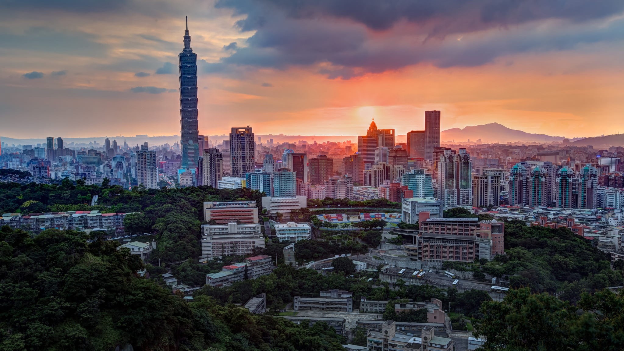 skyscrapers, dal, building, panorama, height, pink, 1080P, Taiwan, sunset, hills, street, the city, home, the evening, tower, Taipei, mountains, clouds, HD Wallpaper