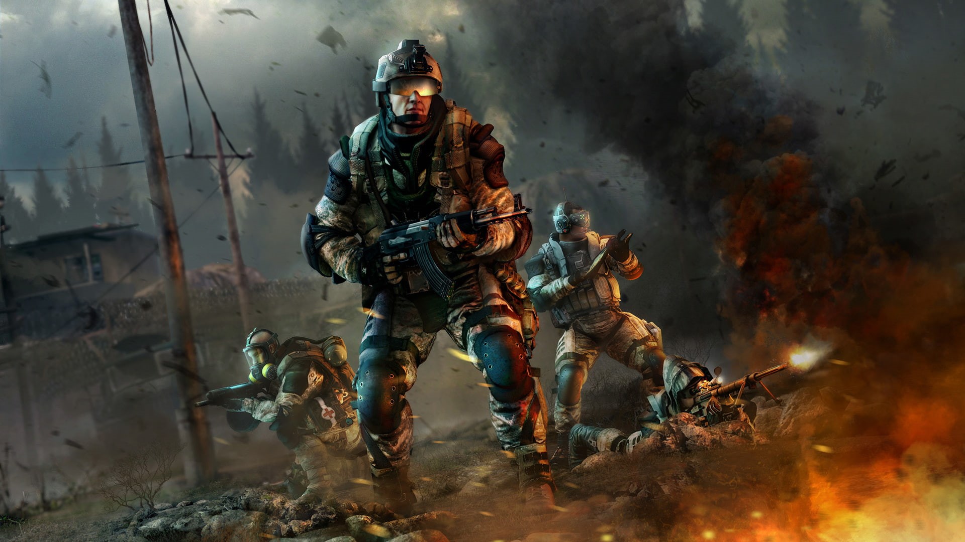 Attack, Crytek Kiev, Shot, Clouds, Fog, Medic, Soldiers, Smoke, Dust, Crytek, The sky, Weapons, Engineer, Fire, Helmet, 1080P, Mail.Ru Group, Flame, Trees, HD Wallpaper