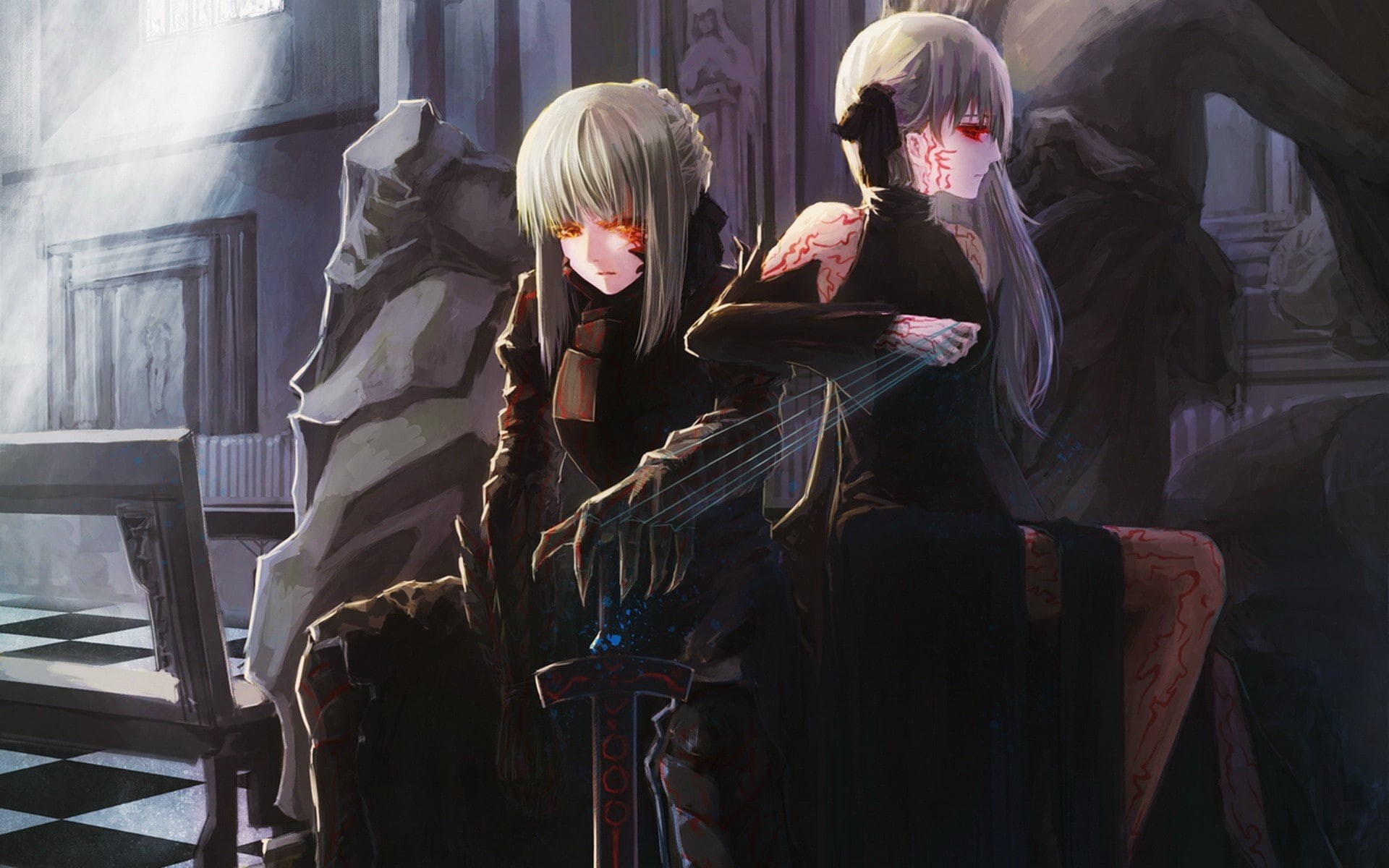 weapons, checkered, corrupted, long, indoors, people, red, bench, blondes, Dress, armor, short, art, eyes, hd, knights, 1080P, hair, HD Wallpaper